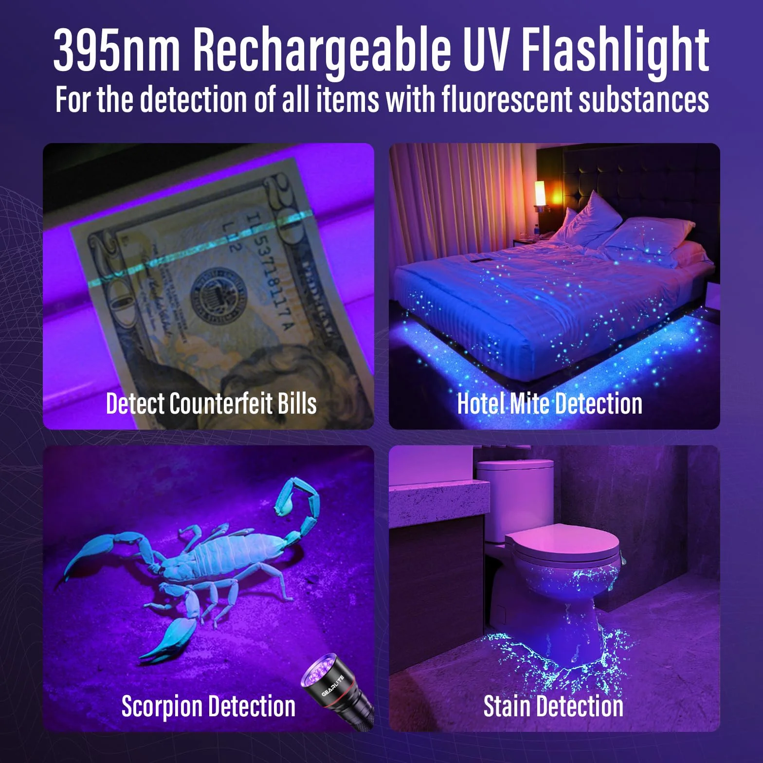 GEARLITE latarka LED ze światłem UV z 21 diodami LED, mini UV latarka z 395 nm, ultrafioletowe światło do geocachingu, detektor moczu zwierząt domowych, zaschnięte plamy moczu psów i innych zwierząt