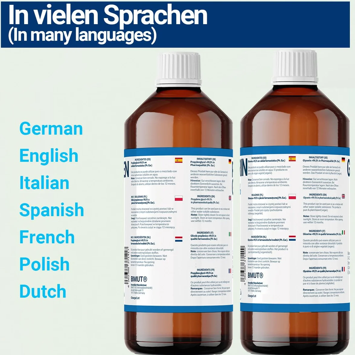 1000ml gliceryna + 1000ml glikolu propylenowego jakości farmaceutycznej | >99,5% | Czysty | E422 + E1520 DIY