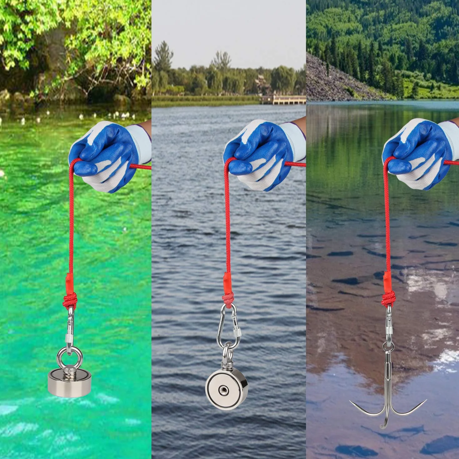 Siła przyczepności 480 kg, dwustronny magnes neodymowy z oczkami, N52 super silny magnes do łowienia magnetycznego – Ø 75 mm magnes poszukiwający z liną 20 m, rękawiczkami i kotwicą, z 2 oczkami