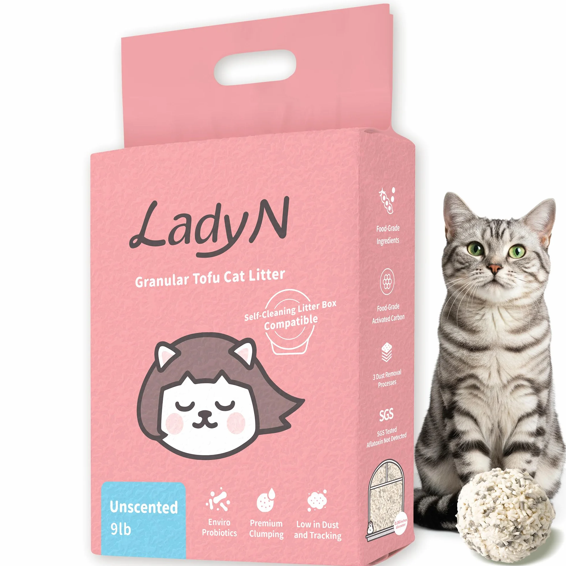 Lady N Granulowany mini pellet dla kota Tofu, kompatybilny z automatycznym, samoczyszczącym się kuwetą dla kotów, silne zbijanie, ultra chłonny, naturalny żwir, niskie śledzenie, kontrola zapachu