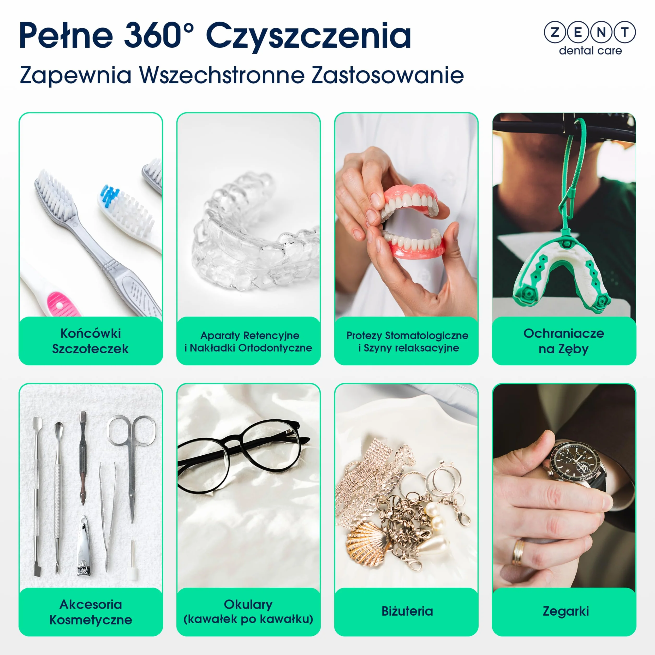 ZENT Ultrasonic Cleaner 42 kHz Kompaktowa Myjka Ultradźwiękowa, Dezynfekcja lampą UV, do Protez stomatologicznych biżuterii nakładek ortodontycznych, Szybkie czyszczenie - tylko 5 minut, 0.2l, Biała