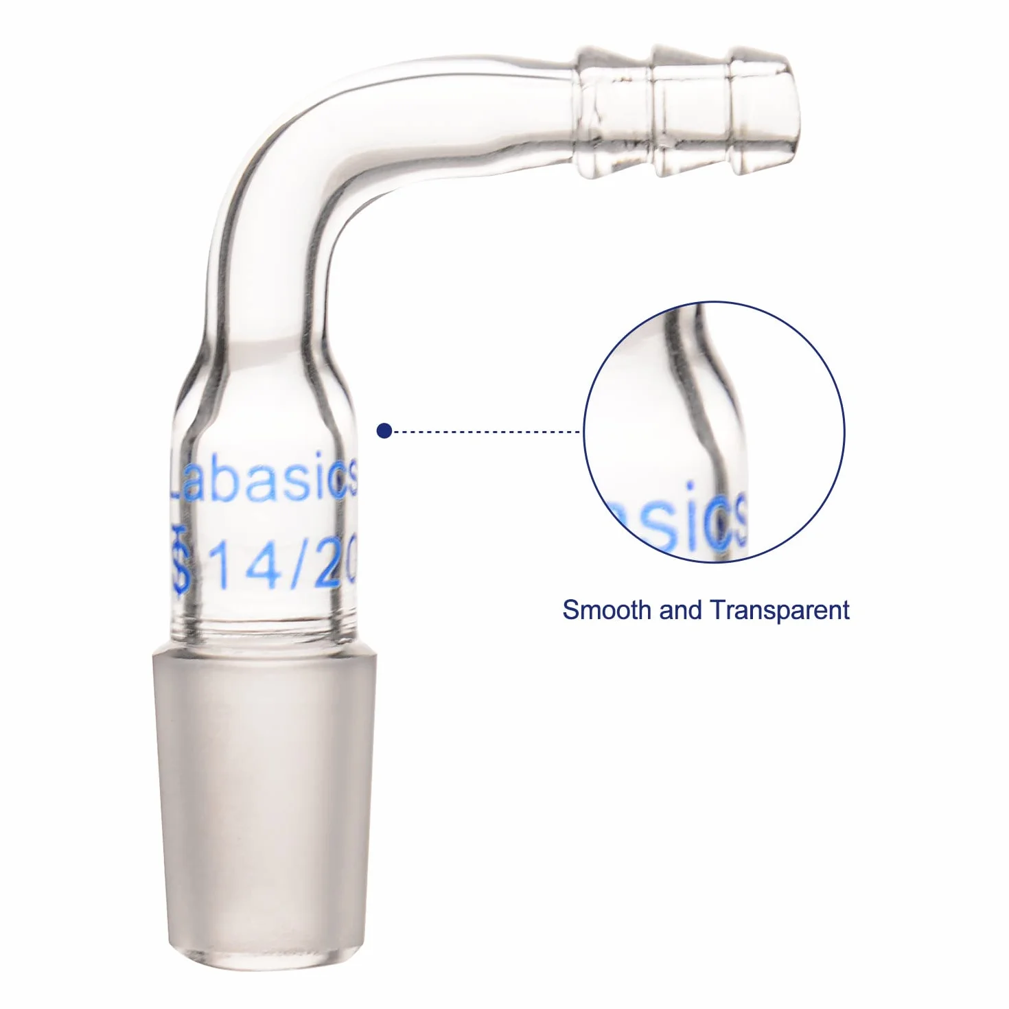 Labasics Szklany adapter 90° z 14/20 męski przegub i 8 mm przyłącze węża