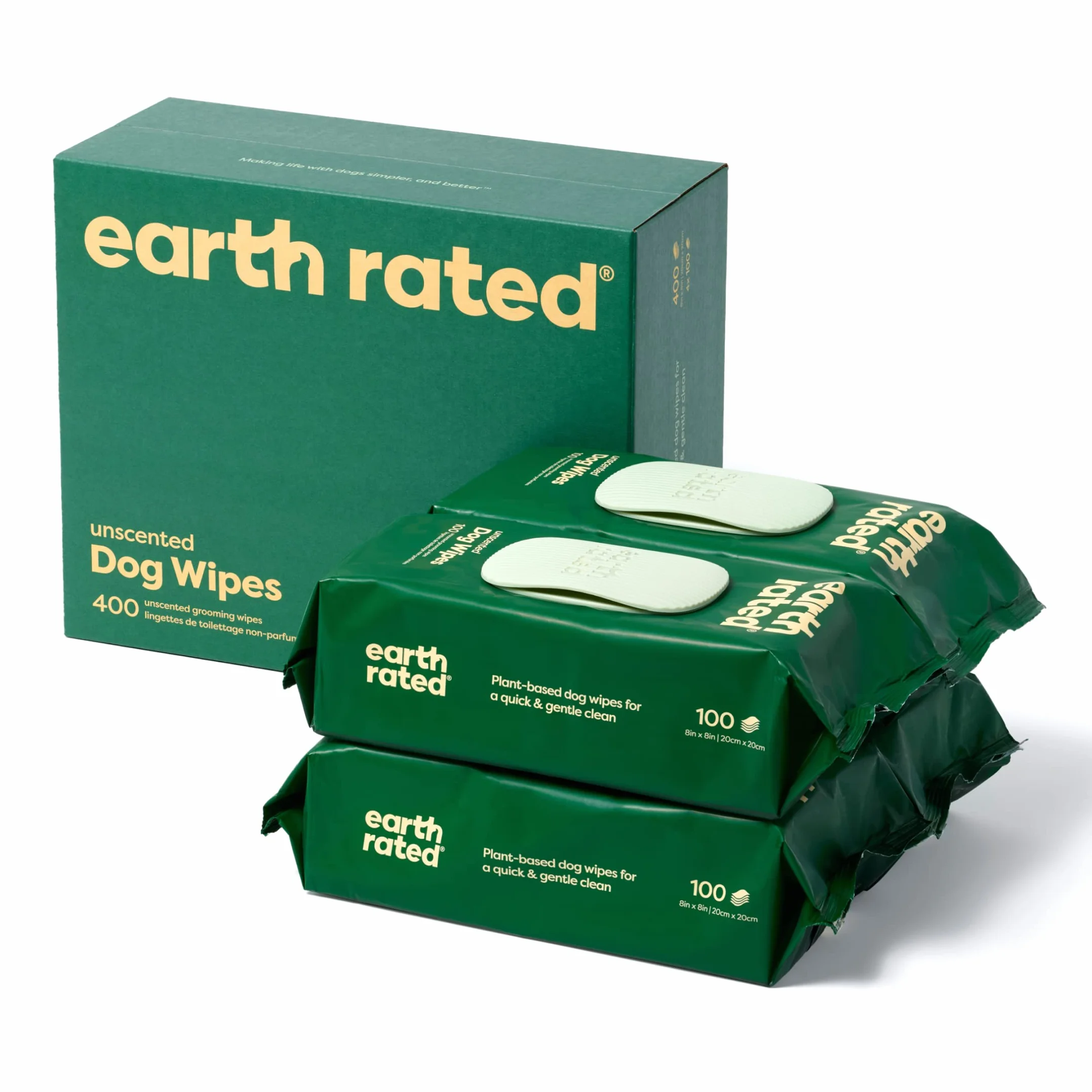 Earth Rated Chusteczki dla Zwierząt dla Psów i Kotów, Hipoalergiczne, Czyszczące i Nawilżające, do Pielęgnacji Łap, Ciała i Pupy, Bezzapachowe, 400 Sztuk