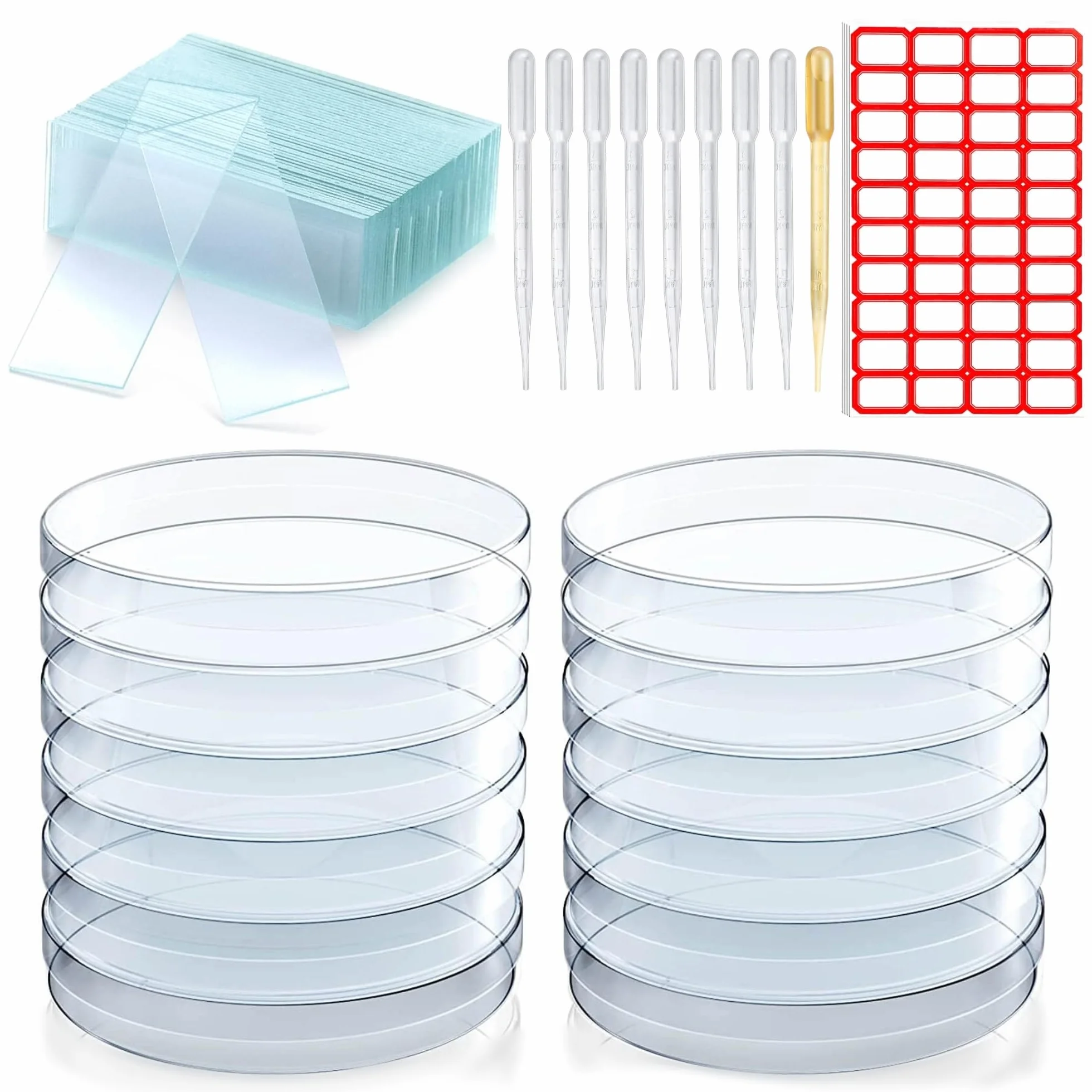 15 x miseczka do Petriego z tworzywa sztucznego z pokrywką, sterylizowana miska Petriego, przezroczysta z 10 plastikowymi kroplomierzami 3 ml i 10 naklejkami i 50 mikroskopami mikroskopowymi, do