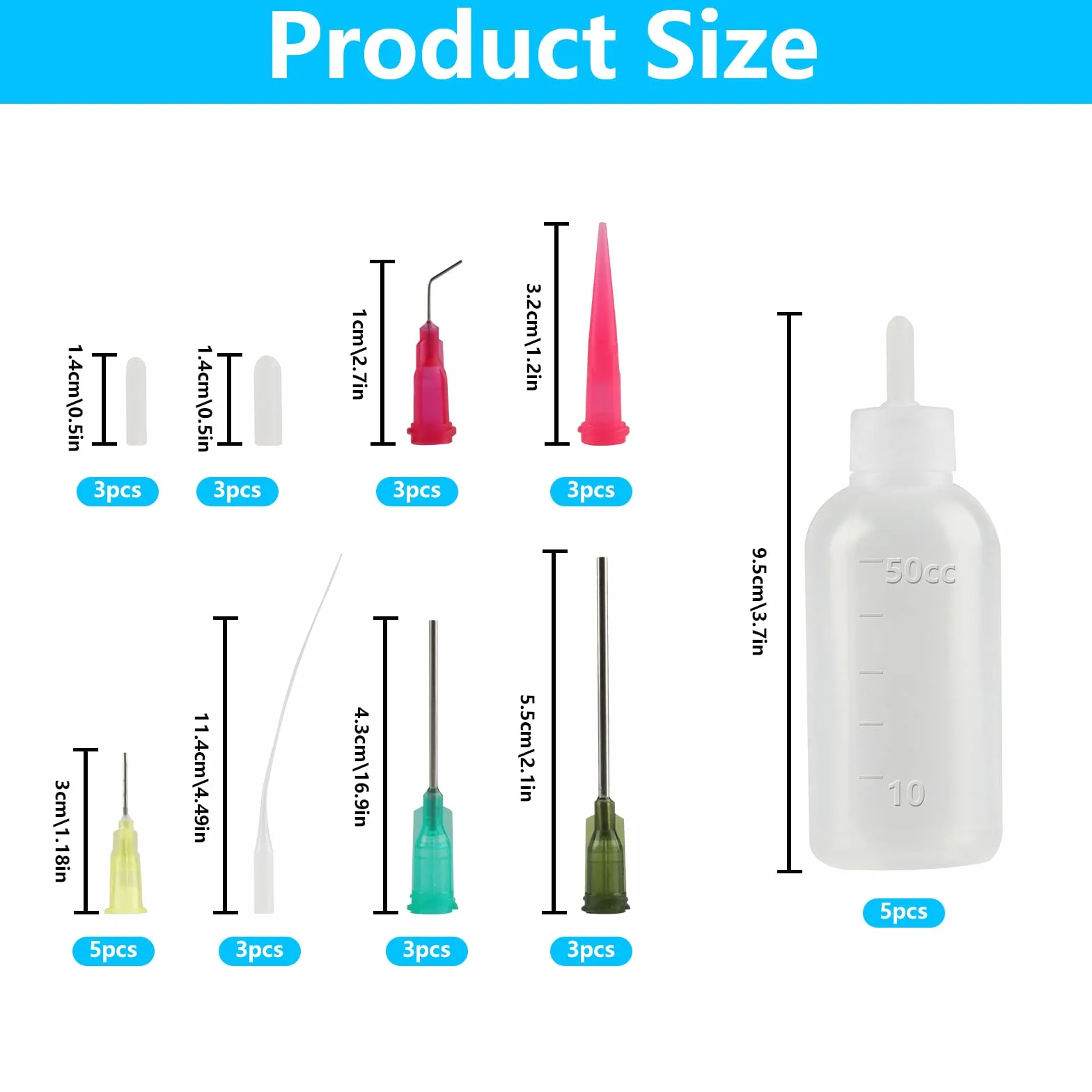 Zestaw 5 butelek 50 ml z igłami dozującymi do kleju