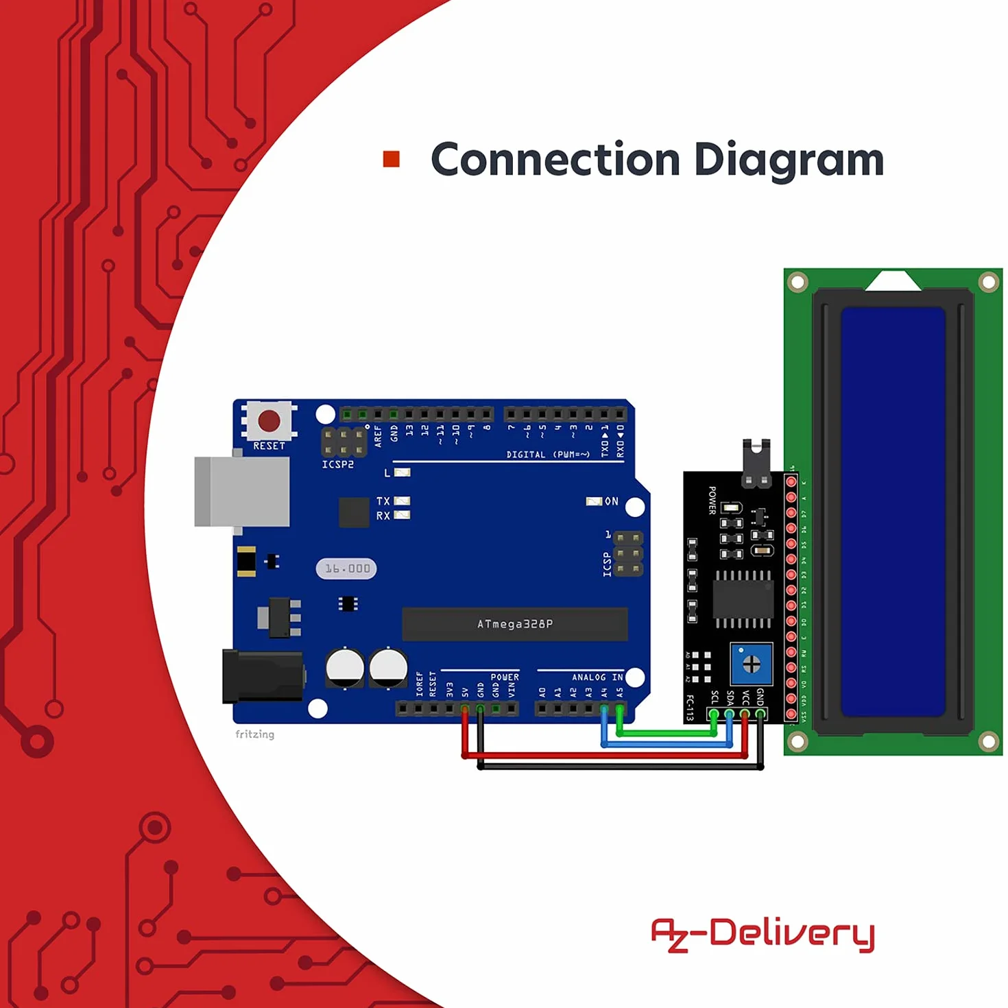 AZDelivery HD44780 16x2 LCD Moduł Wyświetlacz Bundle z I2C Interfejs 2x16 znaków w tym E-Book! (z niebieskim tłem i białymi znakami) kompatybilny z Arduino i Raspberry Pi w tym e-Book!