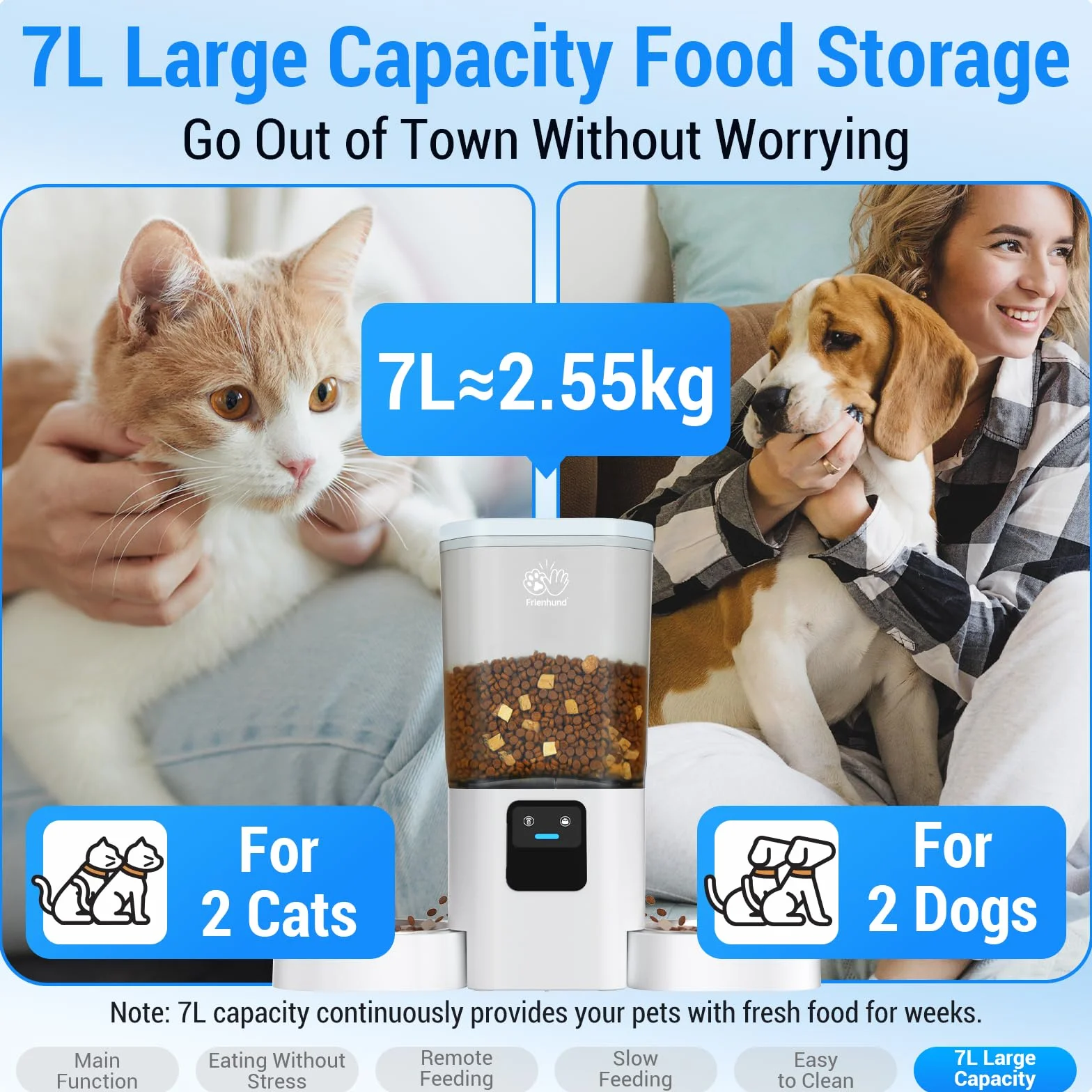 Frienhund Automatyczny Karmnik z powolnym podawaniem 2 kotów: 5G WiFi Automatyczny Karmnik Psów z 7-litrowym Dużym Pojemnikiem na Karmę Zwierząt, Dozownik Karmy Kotów Wielu Zwierząt