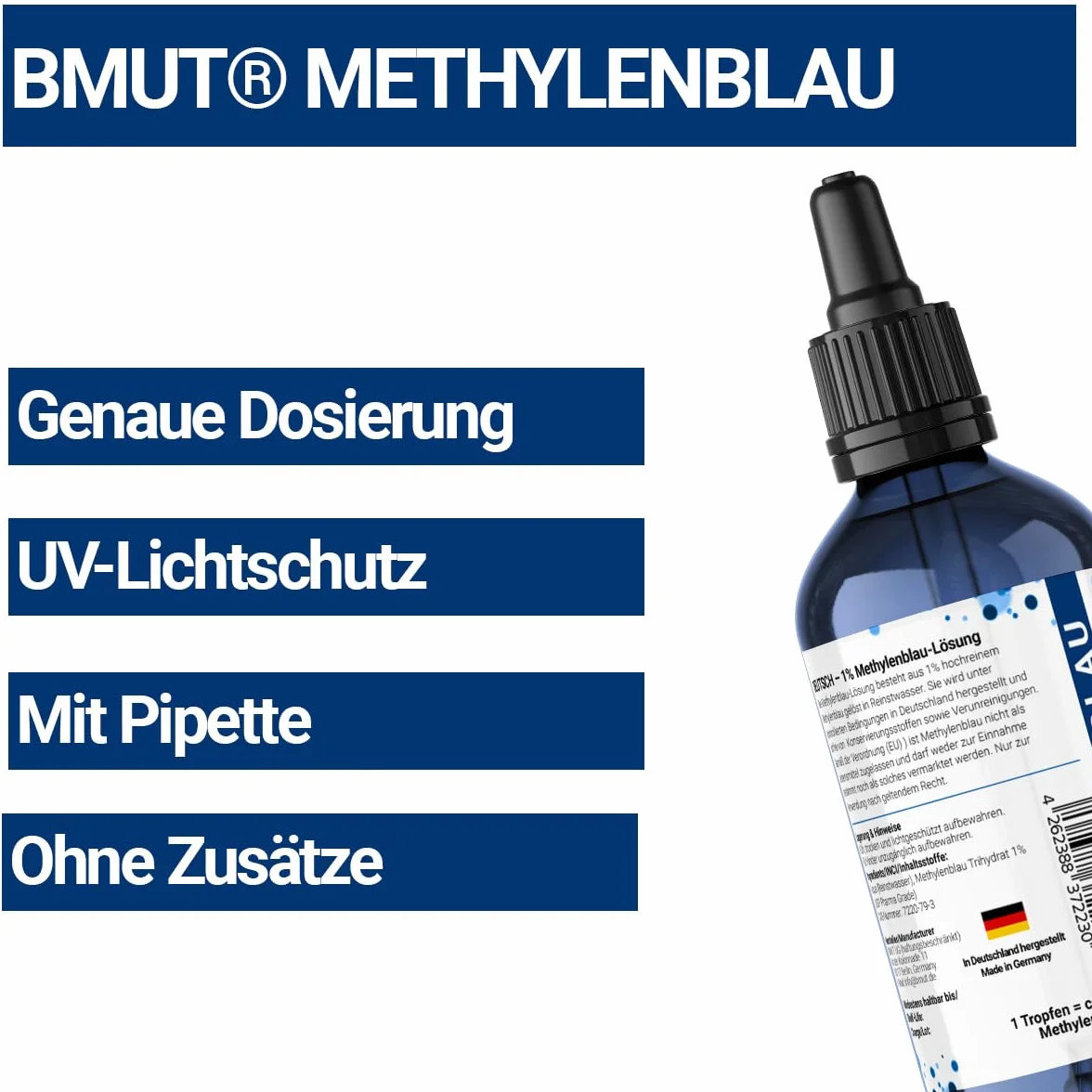 1 x 100 ml roztwór błękitu metylenowego 1% – kropla w butelce z brązowego szkła z pipetą – wysoka czystość Methylene Blue bez dodatków – jakość farmaceutyczna USP – z Niemiec