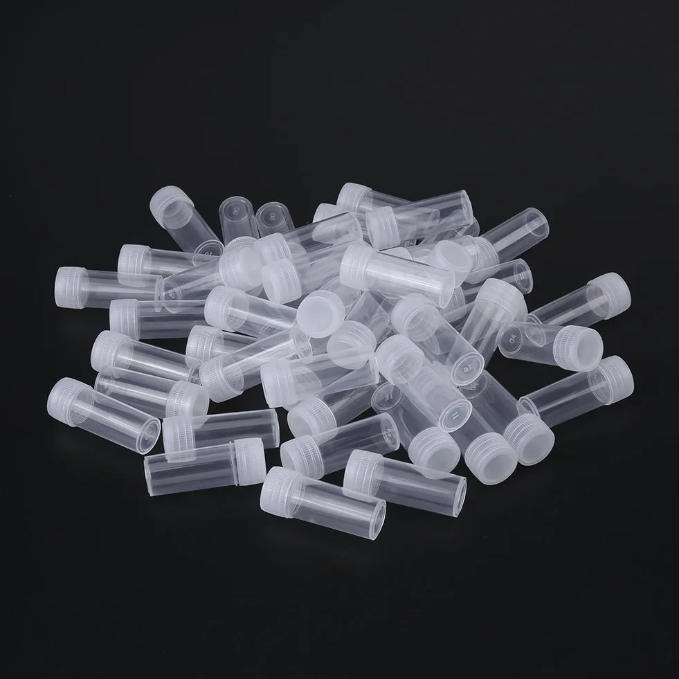 Plastikowe butelki na próbki 5 ml, opakowanie 50 sztuk, przezroczyste probówki naukowe z zakrętką