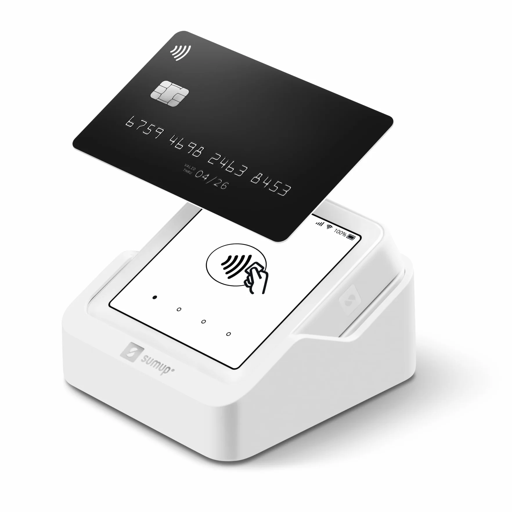 SumUp Solo czytnik kart kredytowych ze stacją ładującą firmy SumUp. Pełny interfejs ekranu dotykowego z bezpłatną kartą SIM z nieograniczoną liczbą danych mobilnych