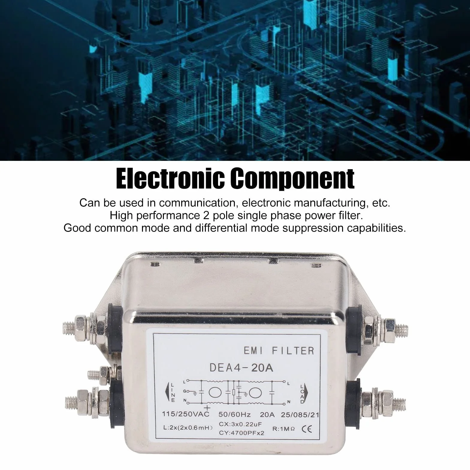 Filtr EMI 2 Poly Jednofazowy 115-250 V 20 A 50/60 Hz