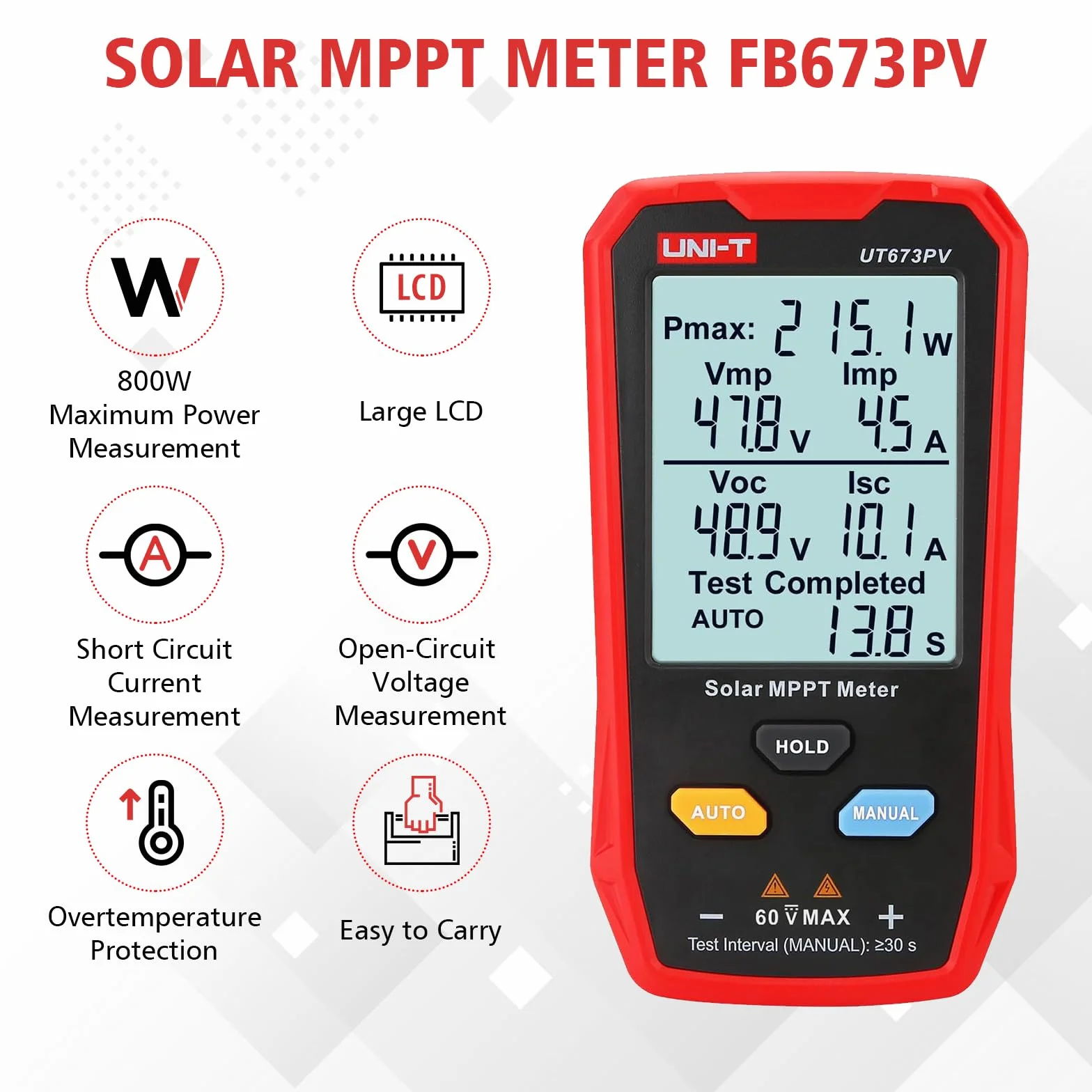 UT673PV tester paneli słonecznych 800 W multimetr fotowoltaiczny z wyświetlaczem LCD MPPT