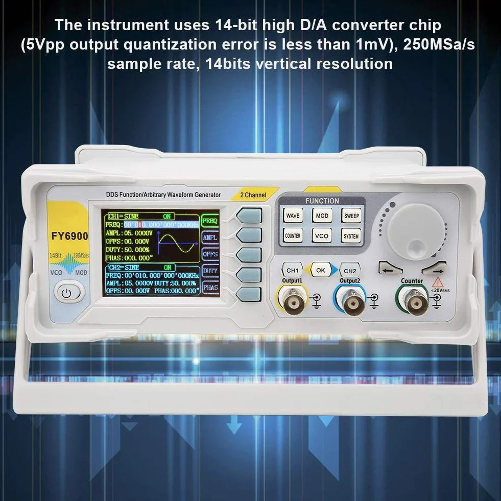 Cyfrowy generator sygnału, FY6900 Sinus 0-30 MHz 2,4-calowy wyświetlacz TFT z funkcją DDS, generatory źródeł impulsów kształtu fali, miernik częstotliwości 250 MSa/s VCO-Burst-AM/PM/FM/ASK/FSK/PSK