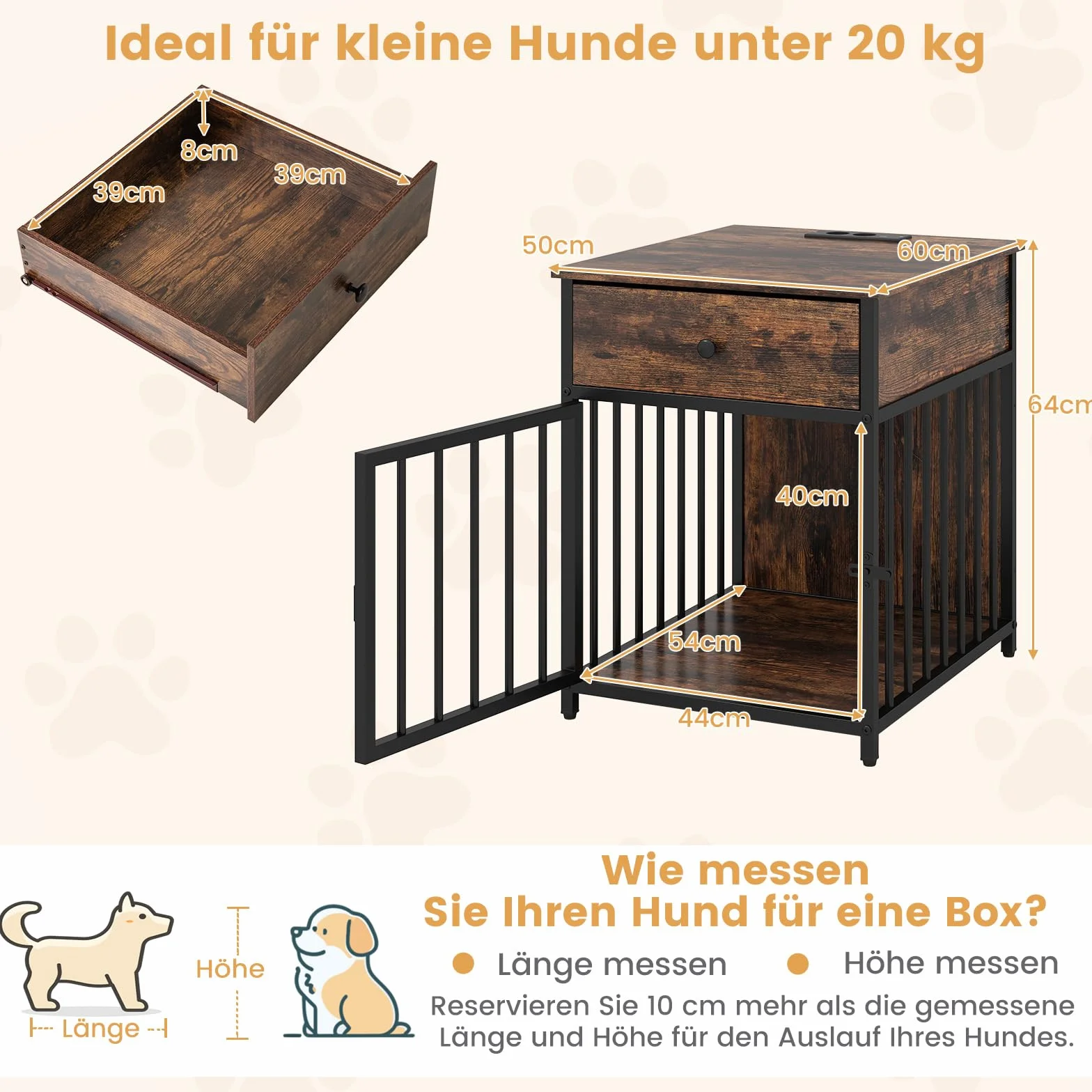 COSTWAY Meble klatka dla psów, domek dla psa do domu ze stacją ładującą, drzwiami, szufladą i metalowymi rurami, buda dla psa, stolik pomocniczy, stolik nocny, dla małych i średnich psów, kolor