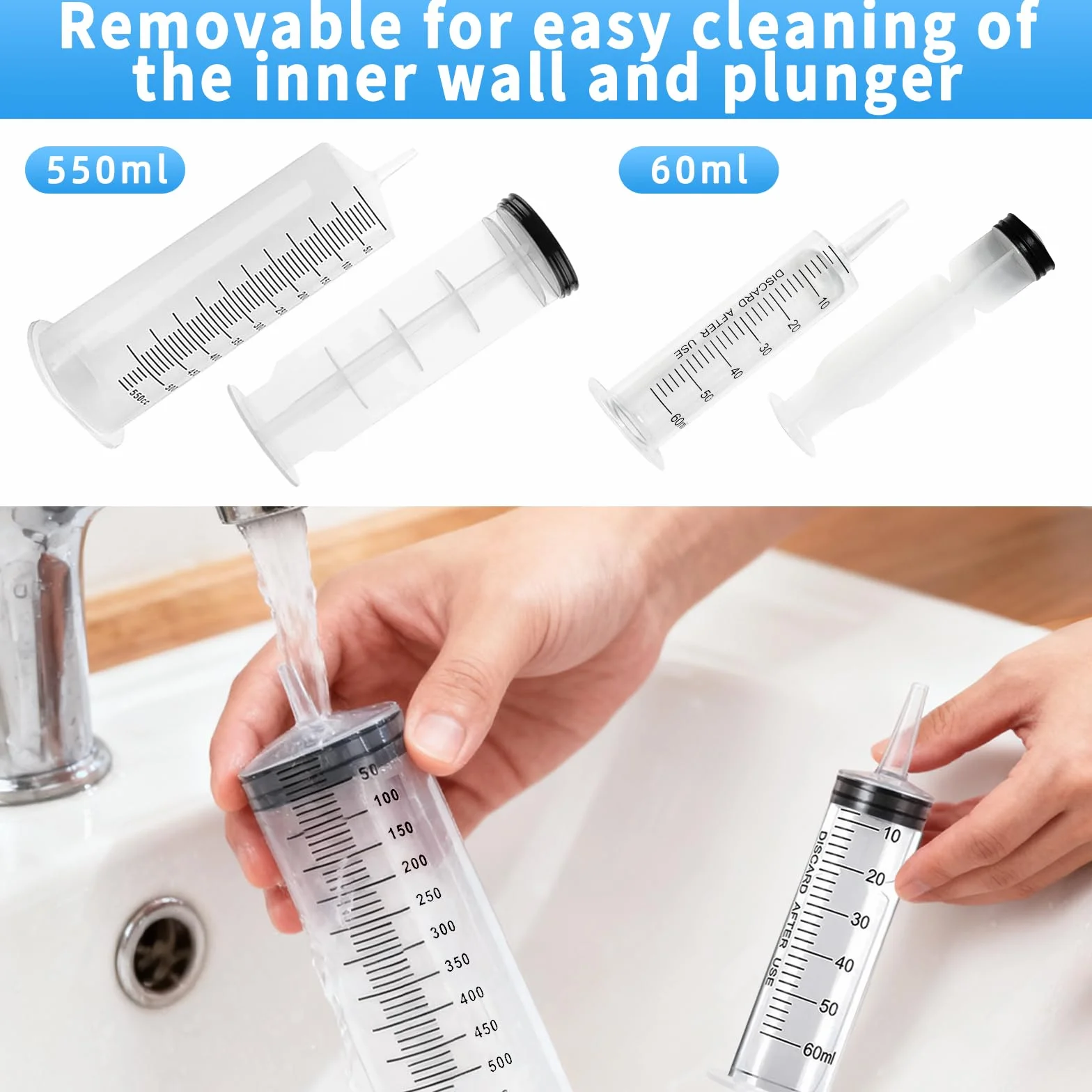 Strzykawka z wężem, 1 duża strzykawka 550 ml + 1 strzykawka 60 ml, plastikowa strzykawka z nasadką, duża pojemność, do wielokrotnego użytku, pojedynczo uszczelnione strzykawki do laboratorium