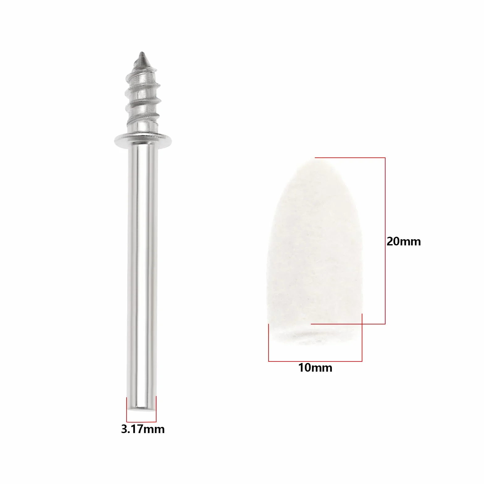 Create idea Zestaw 41 szt. filcowych końcówek polerskich, 10 x 20 mm, stożkowa filcowa głowica polerska z drążkiem 3,17 mm do metalu, kamienia, szkła, ceramiki, polerowania, narzędzie obrotowe, białe