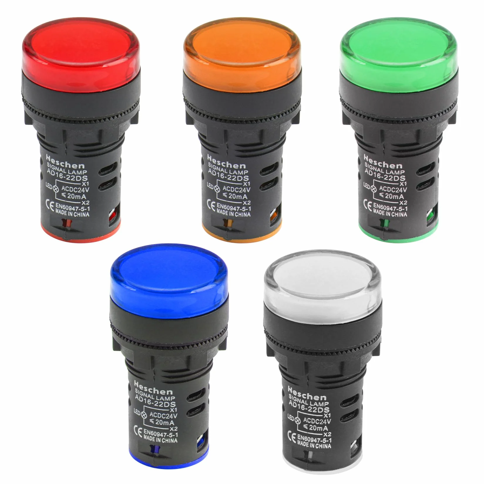 Heschen AD16-22D/S kontrolka LED 22 mm 24 V DC 20 mA 5 szt czerwony zielony żółty niebieski biały