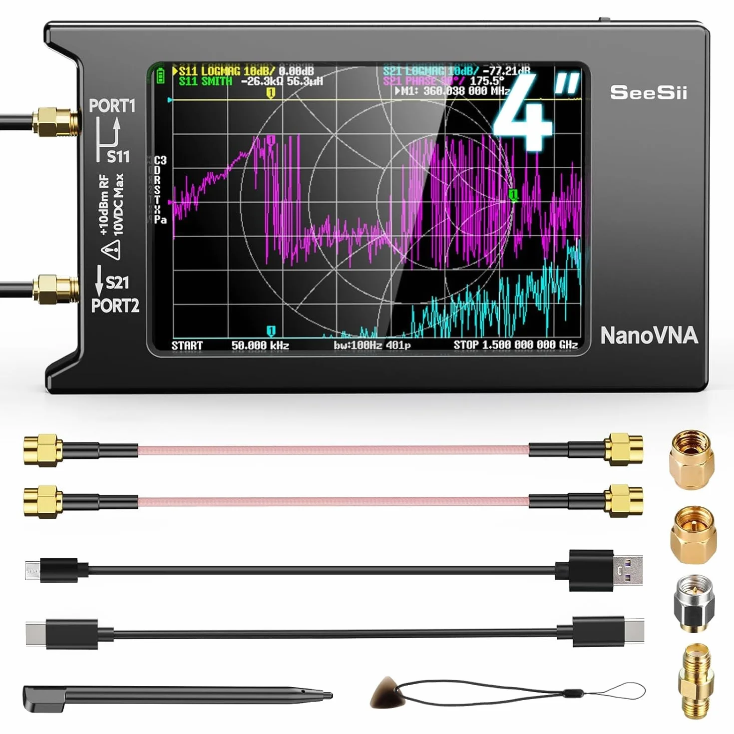 Seesii NanoVNA-H4 Wektorowy Analizator Sieci 4 Calowy 9 kHz-1,5 GHz HF VHF UHF Ekran Dotykowy