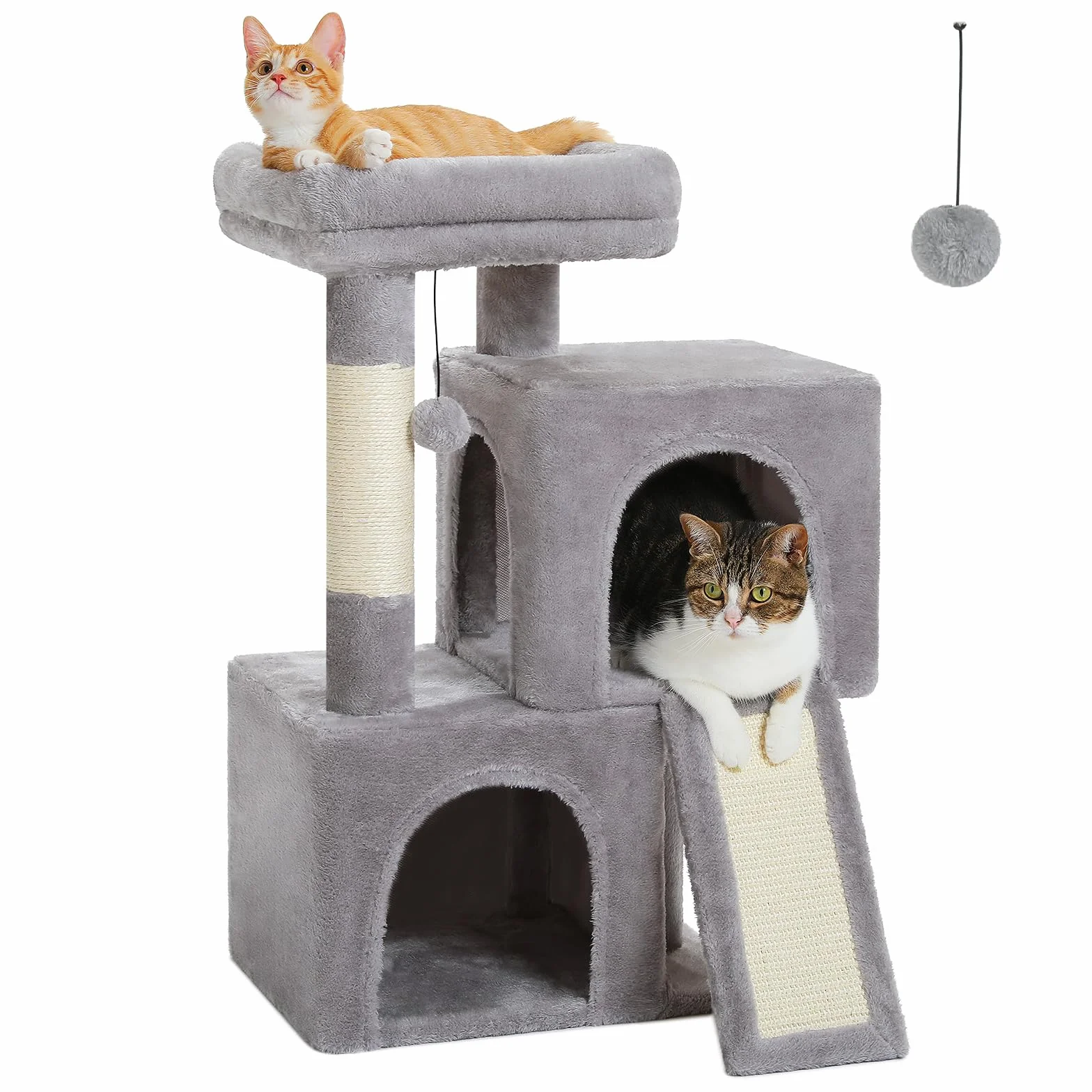 PETEPELA Drapak 77 cm z Dual Condos dla kotów mieszkalnych, domek dla kota All-in-One z wyściełanym drążkiem do siedzenia i słupkami oraz wymiennymi piłkami, kolor szary
