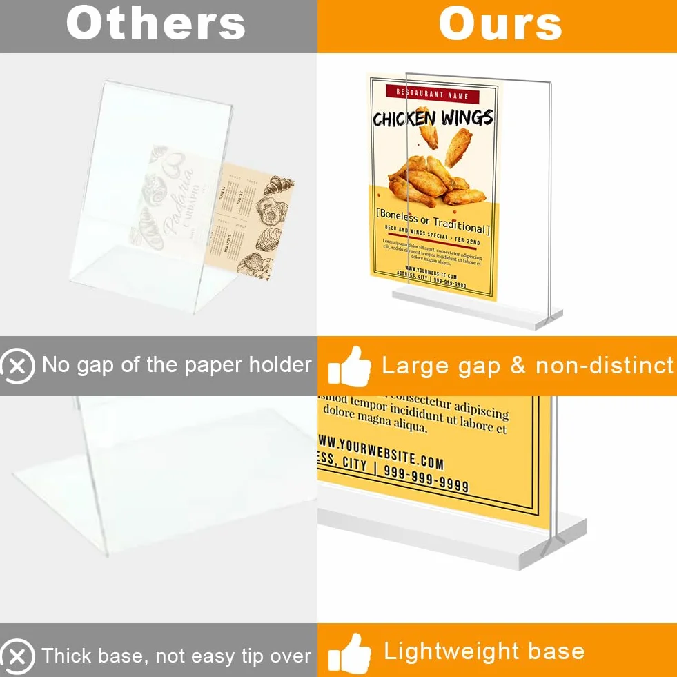 OFFCUP Akrylowy uchwyt na znak A4, 2 szt. uchwyt na menu plakatu, stojak ekspozycyjny w kształcie litery T, drewniana podstawa, dwustronne stojaki ekspozycyjne do restauracji, hotelu, promocji, zdjęć