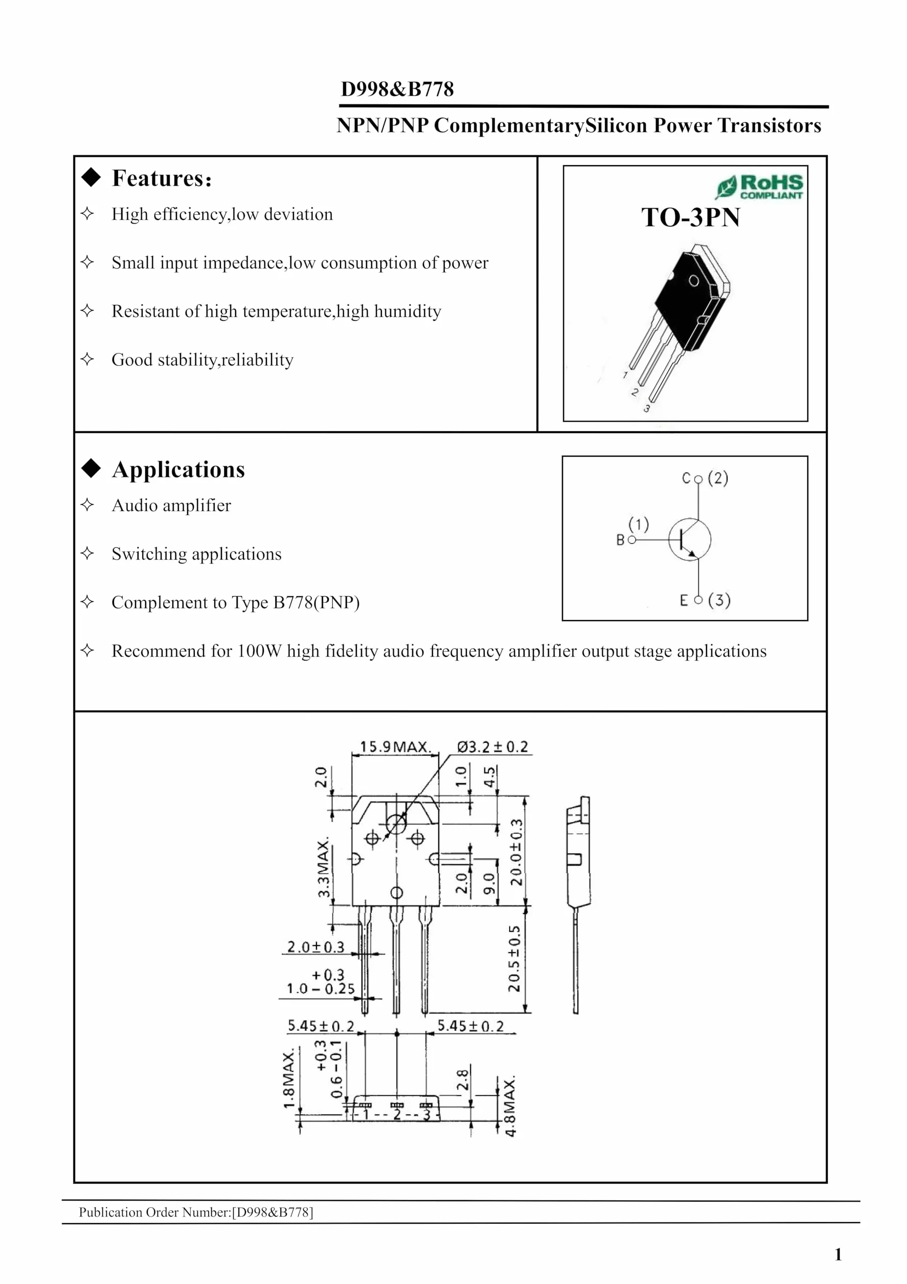 B778 D998 NPN PNP Silicon Power Transistor TO-3PF 120V 10A 100W hFE:80-160