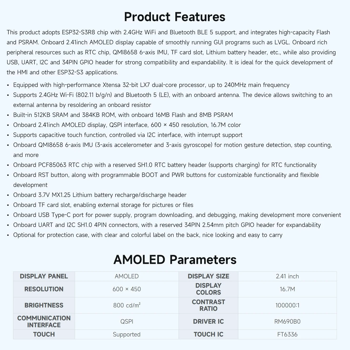 Waveshare ESP32-S3 2.41inch AMOLED Touch Display Development Board, 600x450, 32-Bit LX7 Dual-Core Processor, Onboard Accelerometer And Gyroscope Sensor, ESP32 With Display with Case