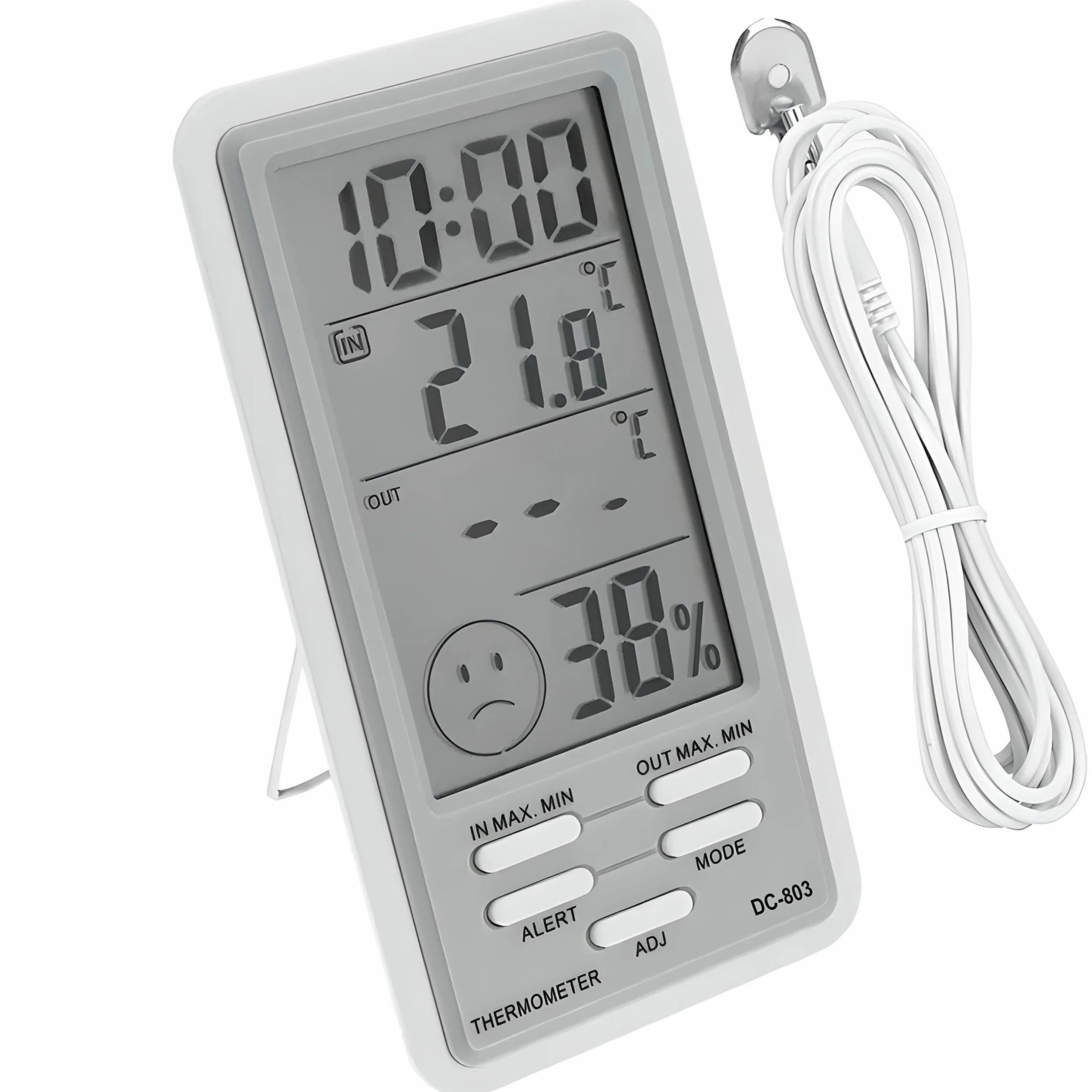 Retoo Termometr do użytku wewnątrz i na zewnątrz, cyfrowy termometr z sondą, wyświetlacz LCD, wyświetlanie godziny, higrometr, miernik wilgotności powietrza, precyzyjny czujnik temperatury