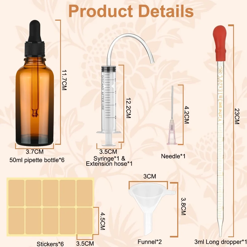 Butelka szklana bursztynowa 50 ml z kroplomierzem pipetą lejkiem 6 szt.