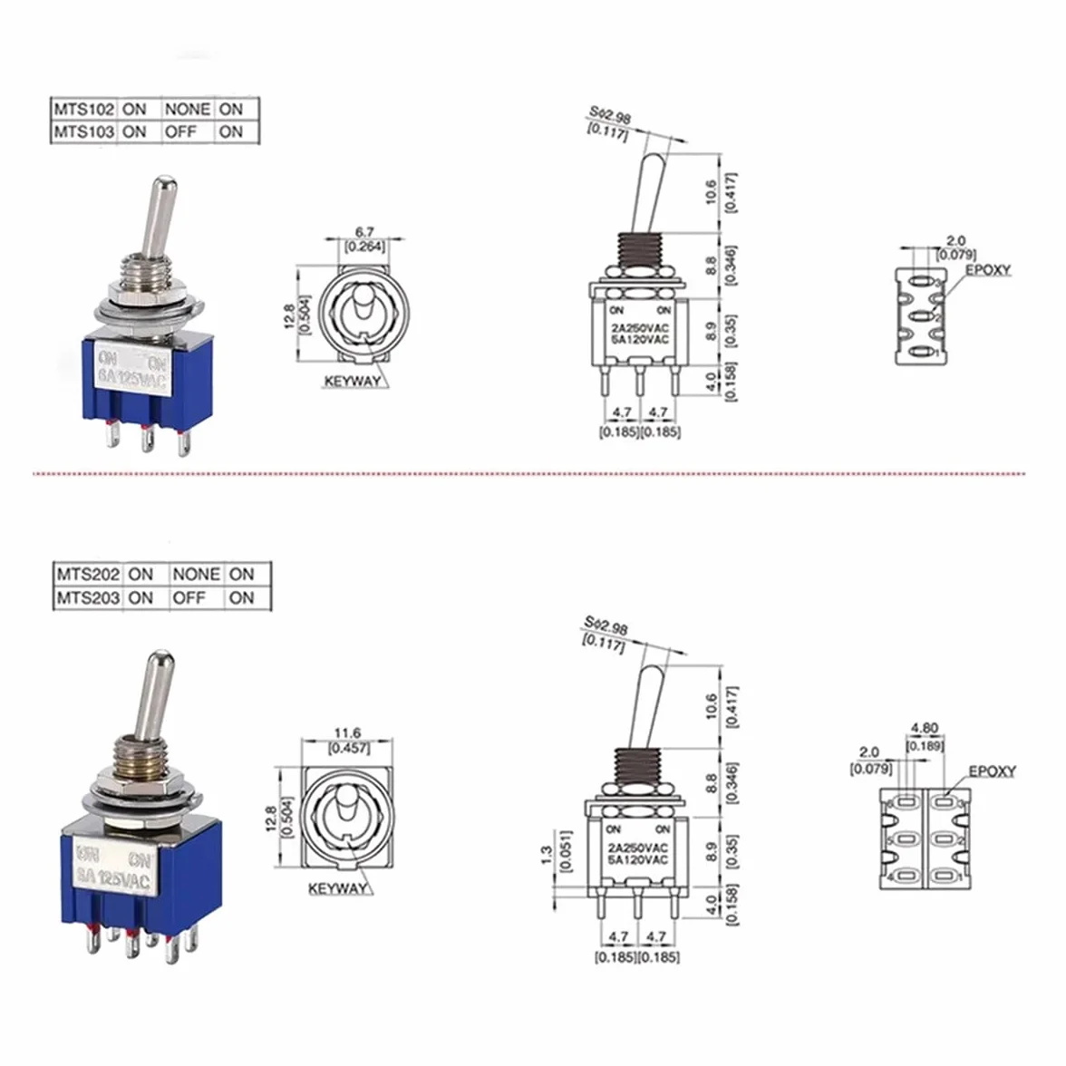 Hailege 10pcs AC 125V 6A DPDT Toggle Switch MTS202