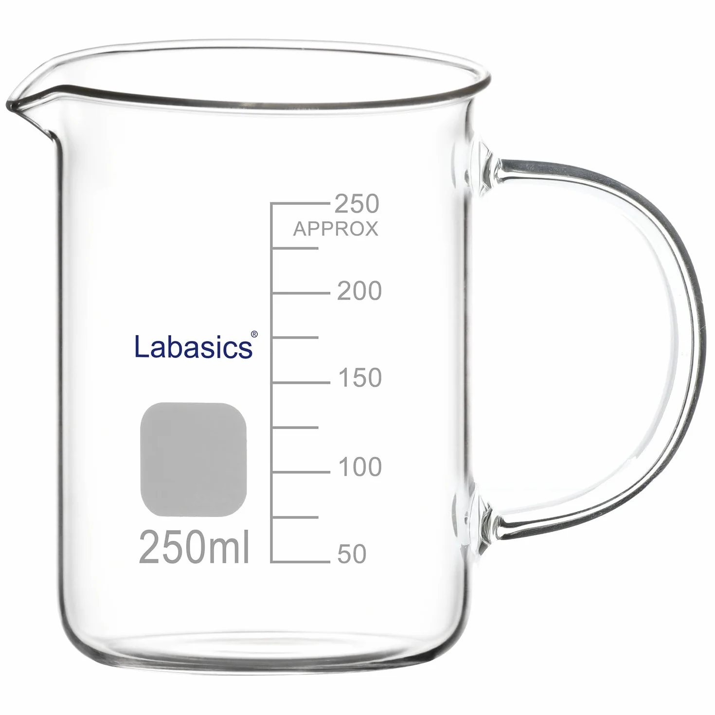 Labasics Szklany kubek, G3.3 szkło borokrzemowe laboratoryjne, zlewka miarowa, przezroczysta zlewka miarowa z uchwytem i wylewem, 250 ml