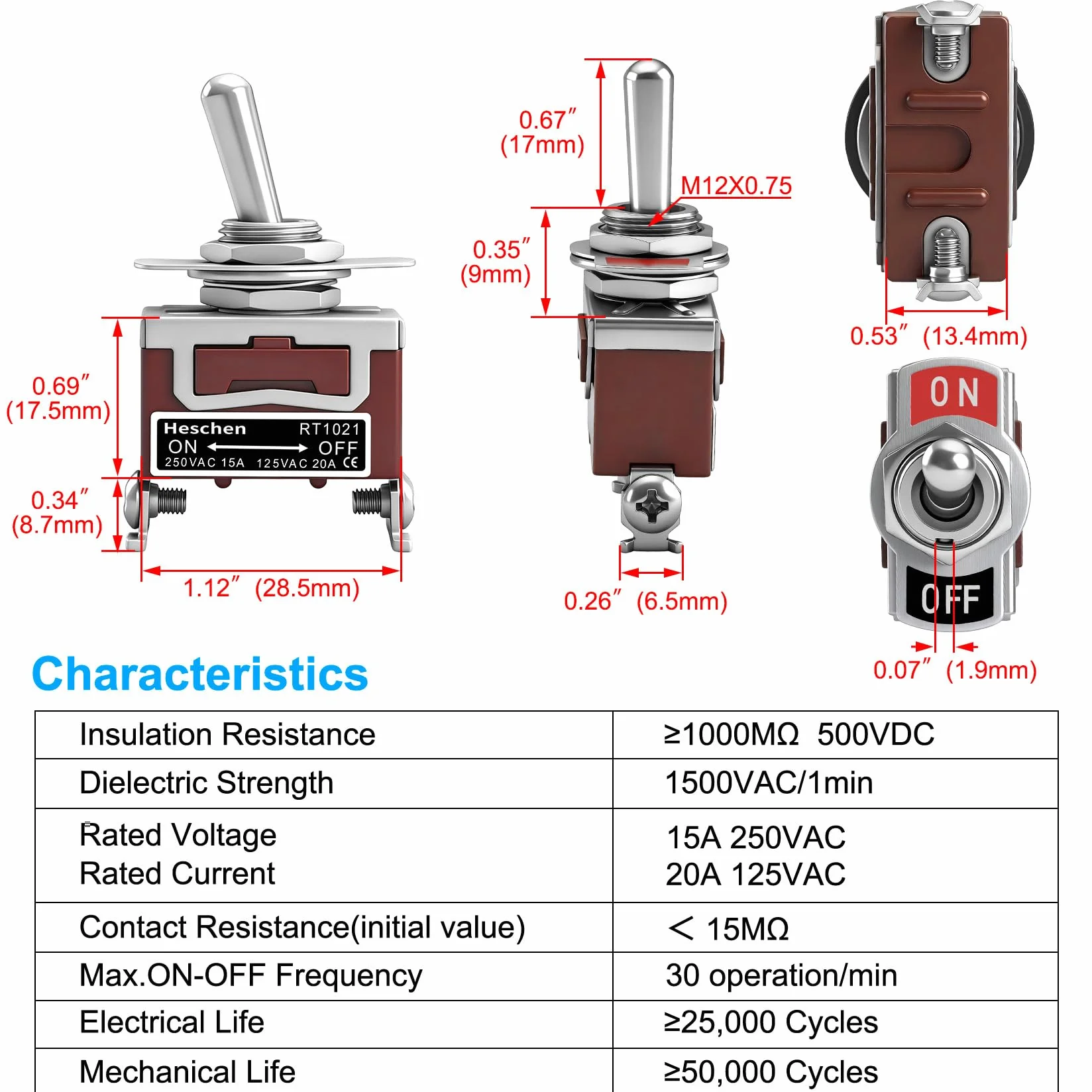 Heschen metalowy przełącznik SPST 2 pozycje 15A 250V AC CE