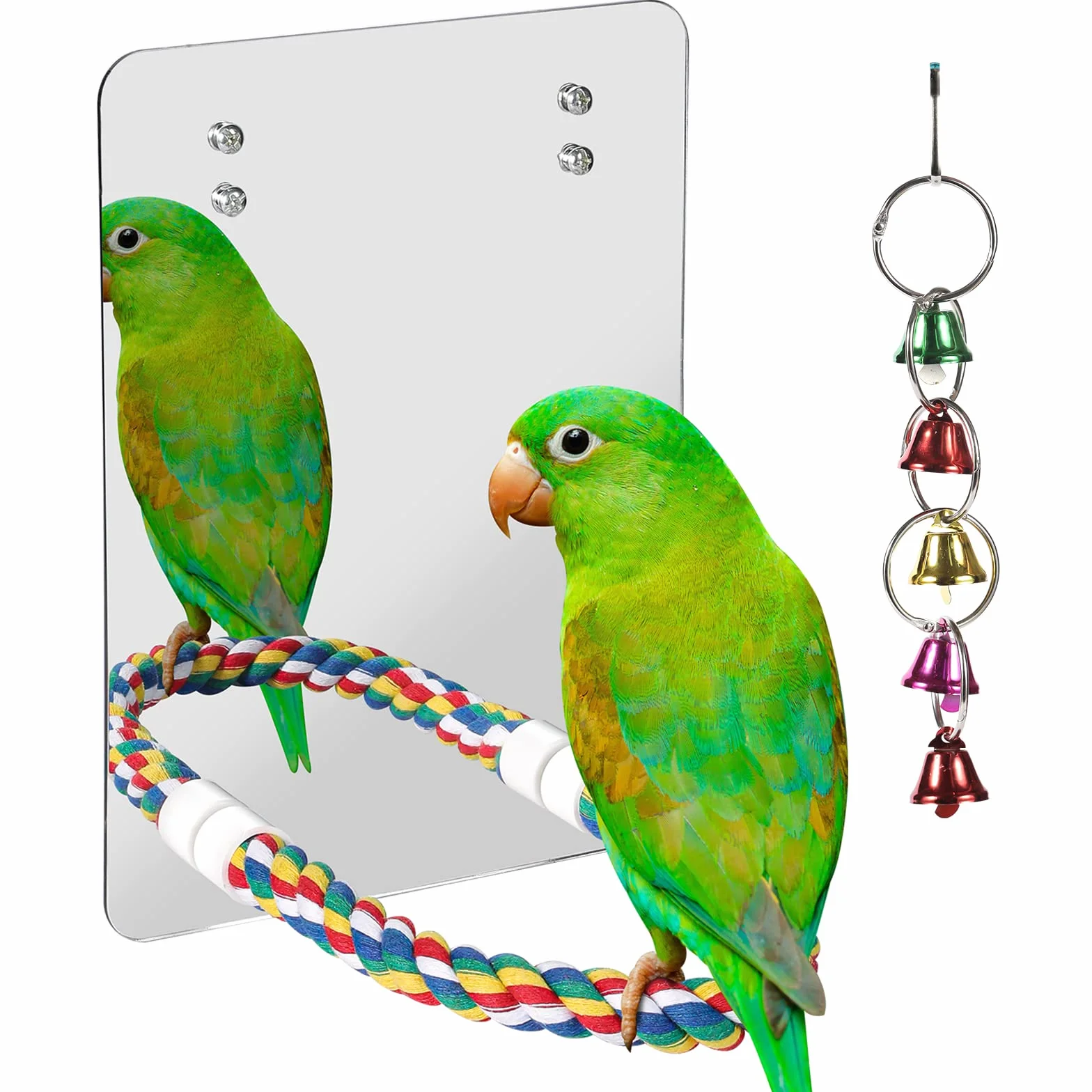 Lusterko dla ptaków z liną okonia, zabawki dla ptaków, huśtawka, wygodne okonie dla szarych Amazonów, papużki, kogutu, Conure, gołąbki, finch, kanarki