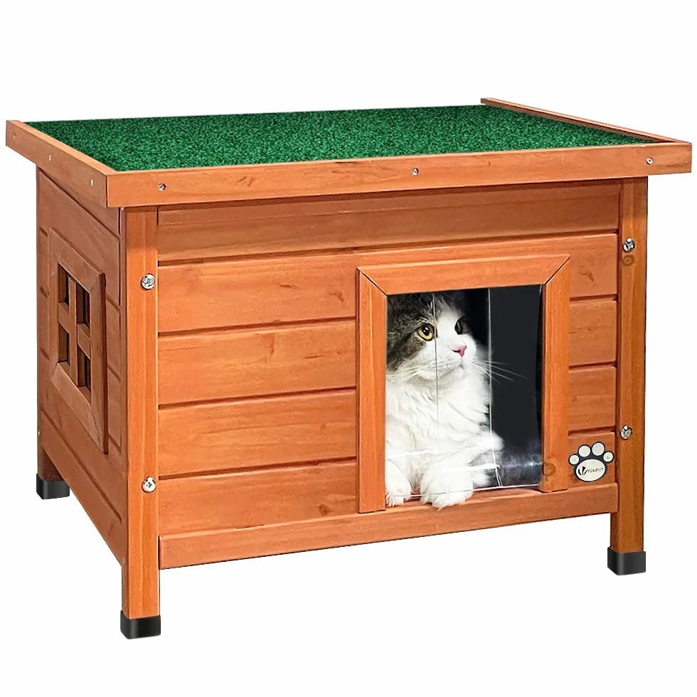 VOUNOT Drewniany domek dla kota z dachem i oknem pleksiglasowym Domek toaletowy dla kota Meble tacki z drzwiami niszowymi 57x45x43cm