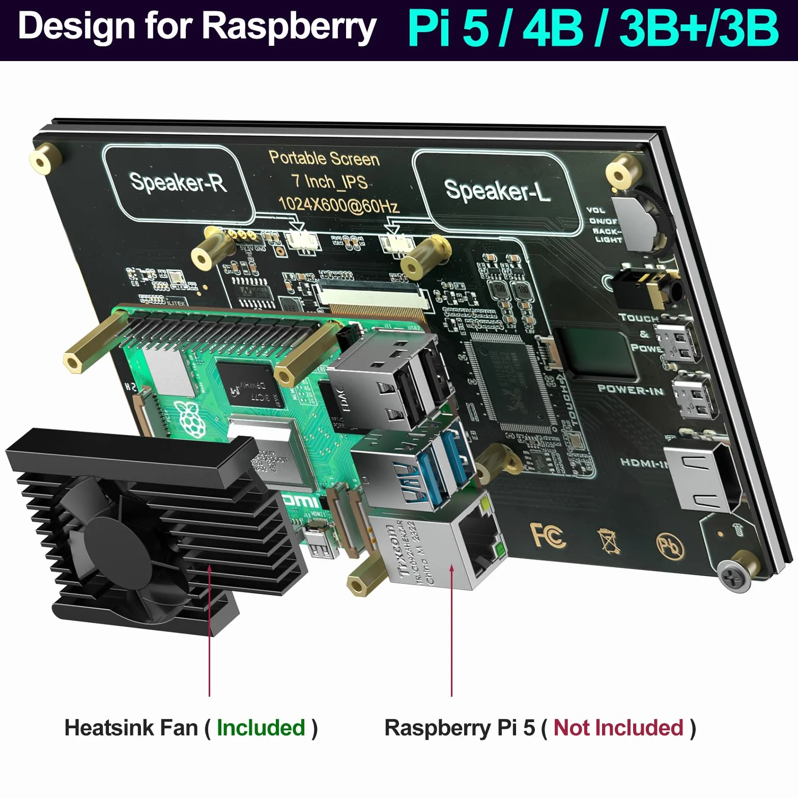 InnoMaker 7-calowy Wyświetlacz LCD IPS 1024x600 HDMI do Raspberry Pi 5/4B/3B+/3B/B+