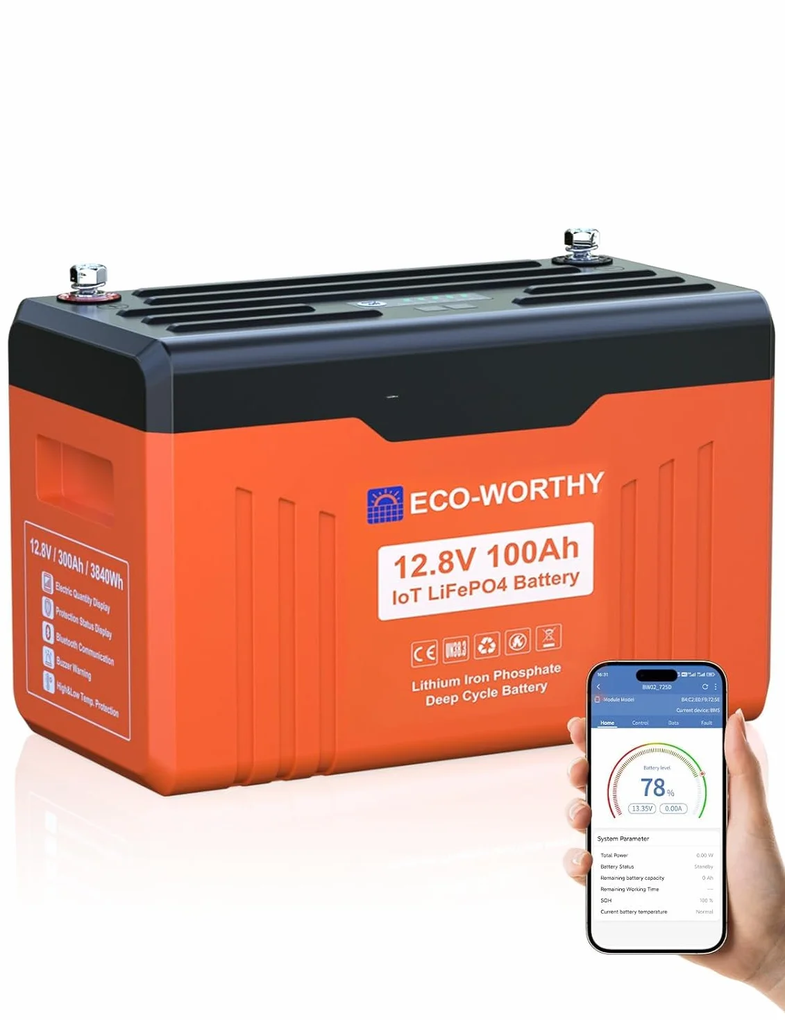 ECO-WORTHY LiFePO4 12 V 100 Ah z wyświetlaczem LED, akumulator litowy 12 V 100 Ah z ochroną przed niską temperaturą BMS i maks. 15000 cykli, 1280 Wh LiFePO4 12 V do kampera, panel słoneczny