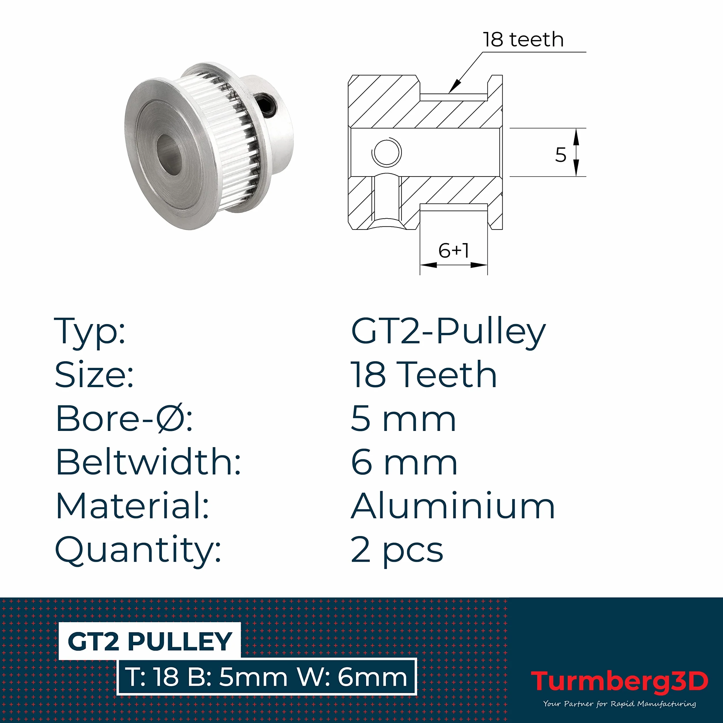 2 x GT2 koła pasowe / napęd pulley - 18 zębów - średnica otworu: 5 mm - szerokość paska: 6 mm (GT2-6 · 18T · Ø5)