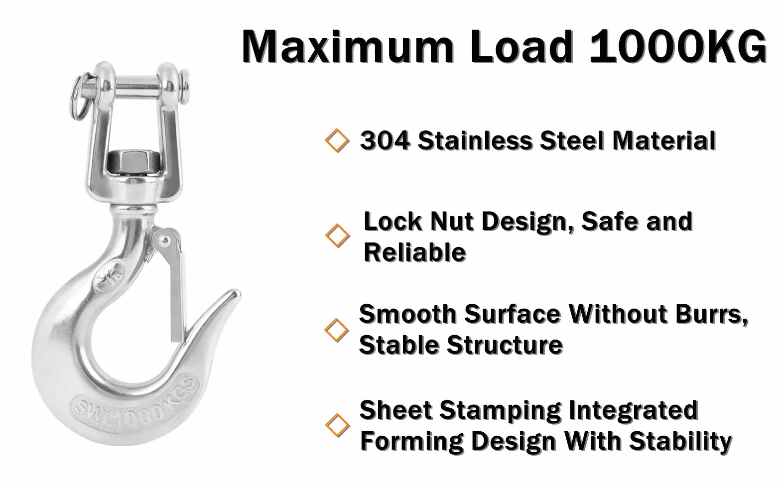 Koulate Safety Obrotowy hak, stal nierdzewna 304 z hakiem Hook Hook Hook Obrotowy hak Hak łańcuchowy 650kg / 1000kg (2 #)