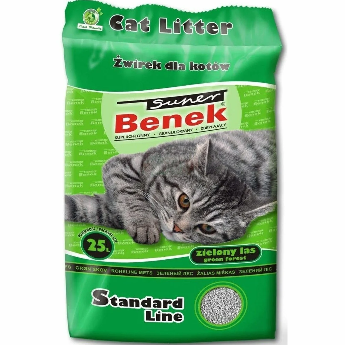 Super Benek Zielony Las Gruboziarnisty Żwirek Sosnowy, 25 L, 20 kg | Mniejsze Wynoszenie z Kuwety, Pochłanianie Płynów i Zapachów, Zwarte Bryłki, Niepyląca Formuła, Ochrona Antybakteryjna