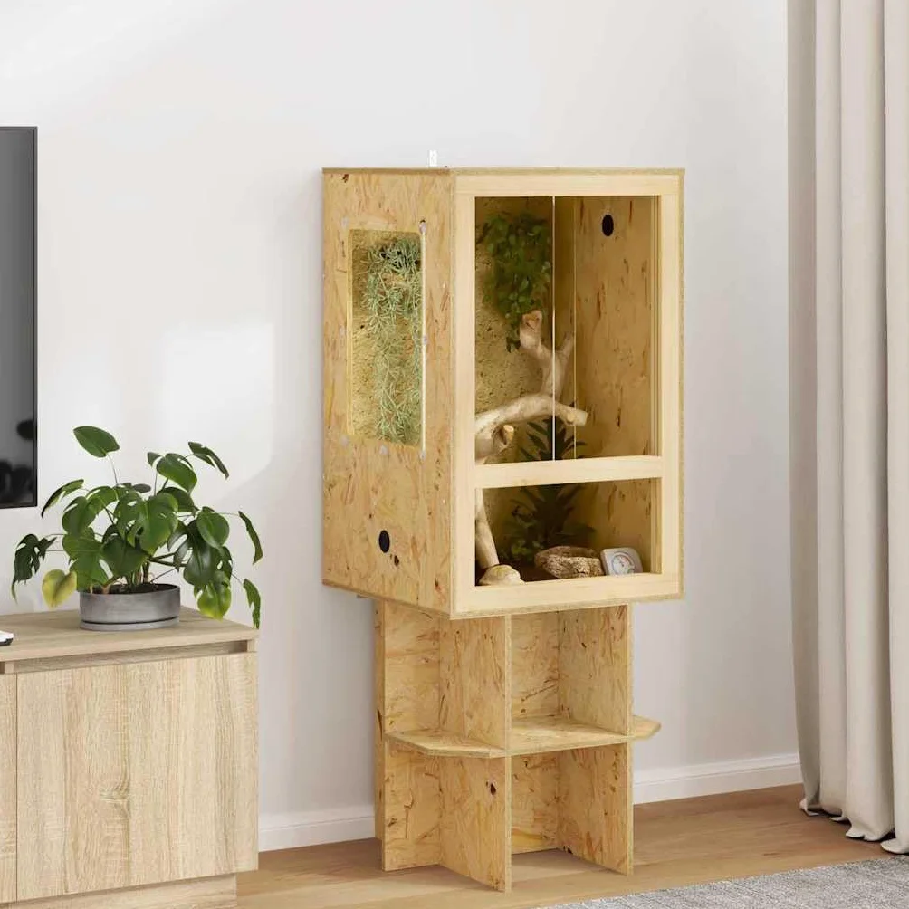 OSB Terrarium brązowe, 50 x 50 x 80 cm ze szkłem, drzwiami przesuwnymi, wentylacją, termometrem, wszechstronne rozwiązanie dla gadów, płazów, brody, węża, gekonu, kameleona, żaby, jaszczurki