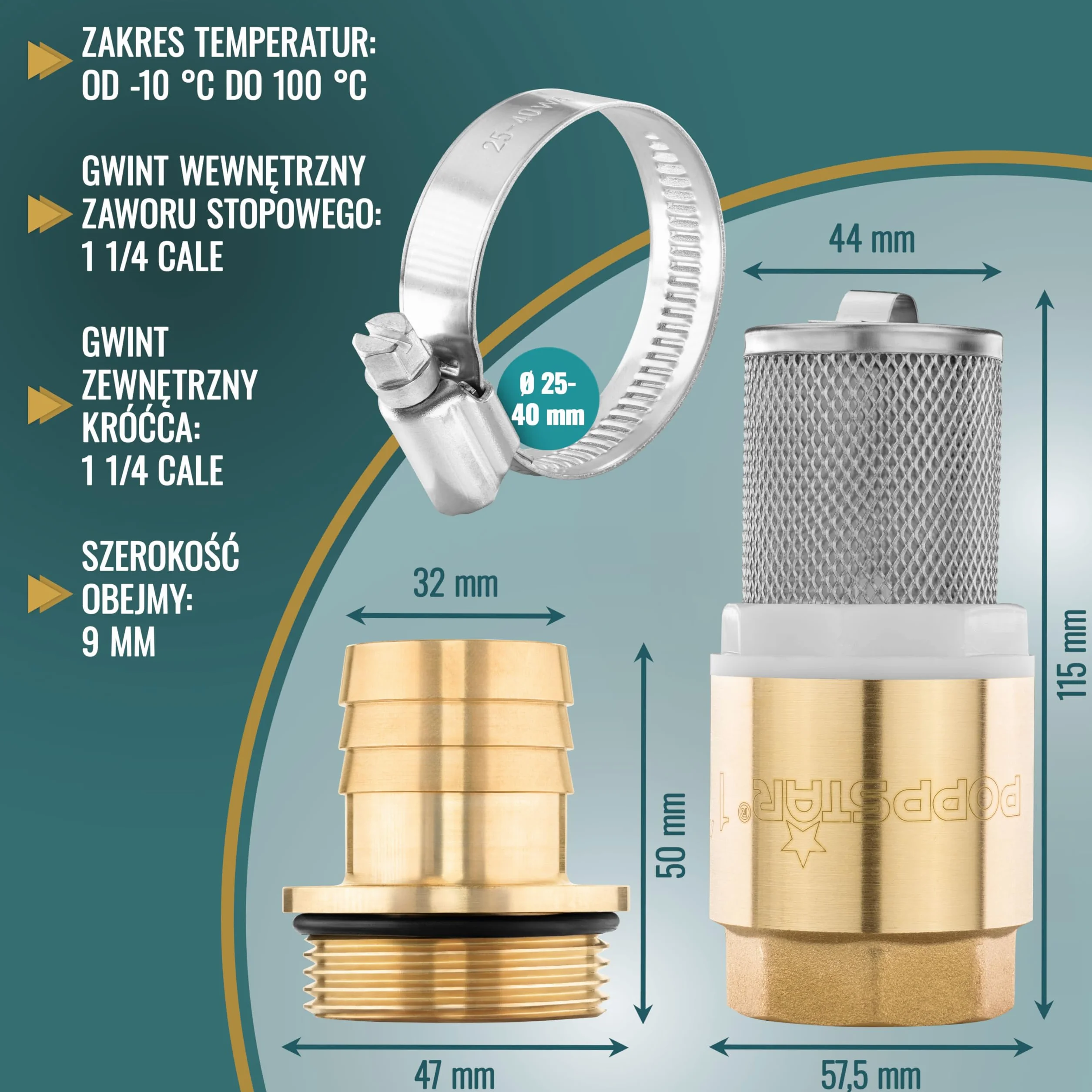Poppstar zawór nożny 1 1/4" mosiężny zawór zwrotny z koszem ze stali nierdzewnej