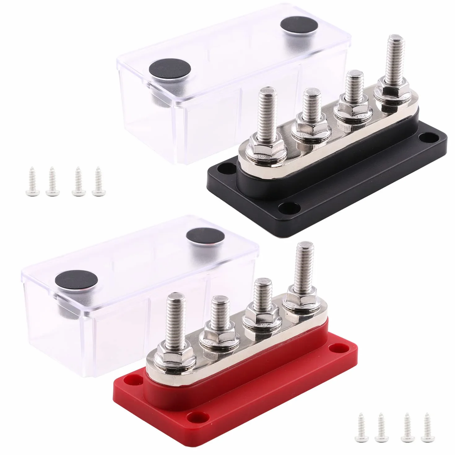Barre de Bus 300A 12V-48V CC Cuivre Module Robuste 4xM8 Bornes Bloc Distribution Terre avec Couvercle Noir Rouge