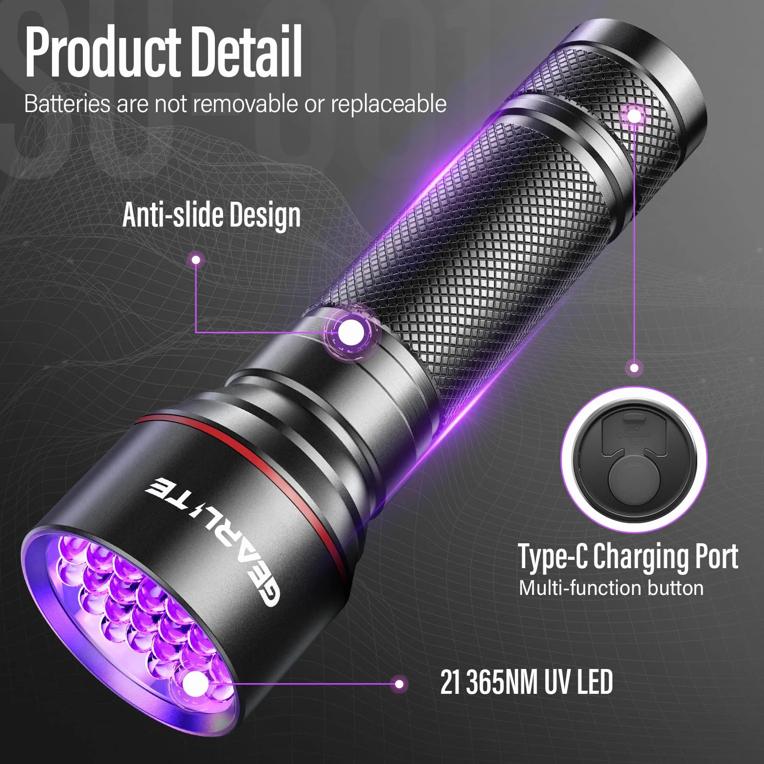 GEARLITE latarka LED ze światłem UV z 21 diodami LED, mini UV latarka z 395 nm, ultrafioletowe światło do geocachingu, detektor moczu zwierząt domowych, zaschnięte plamy moczu psów i innych zwierząt