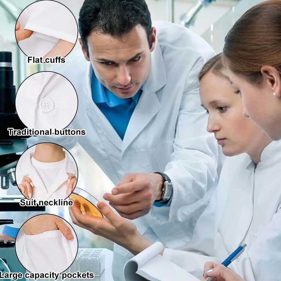 Fartuch laboratoryjny dla mężczyzn i kobiet, fartuszek lekarski, fartuch laboratoryjny, biały, bawełniany fartuch lekarski, z guzikami i 3 kieszeniami, do szkoły, unisex, do laboratorium, nauki, pracy