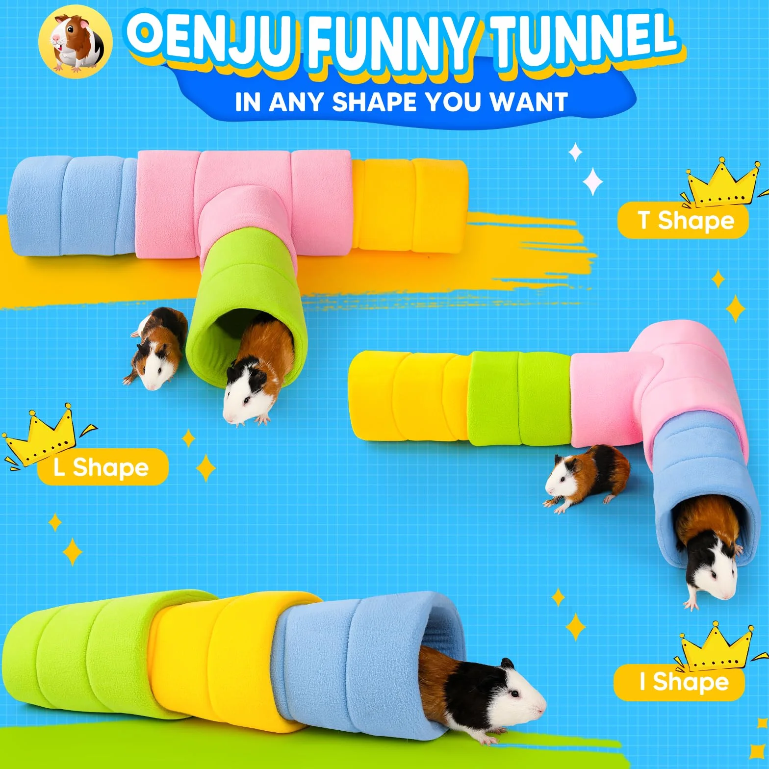 Tunel dla świnki morskiej, cztery tunele do układania w stos dla świnki morskiej, jeden różowy tunel 3-kierunkowy świnka morska i trzy świnki morskie 2-drożna rurka do zabawy, różowy, niebieski,