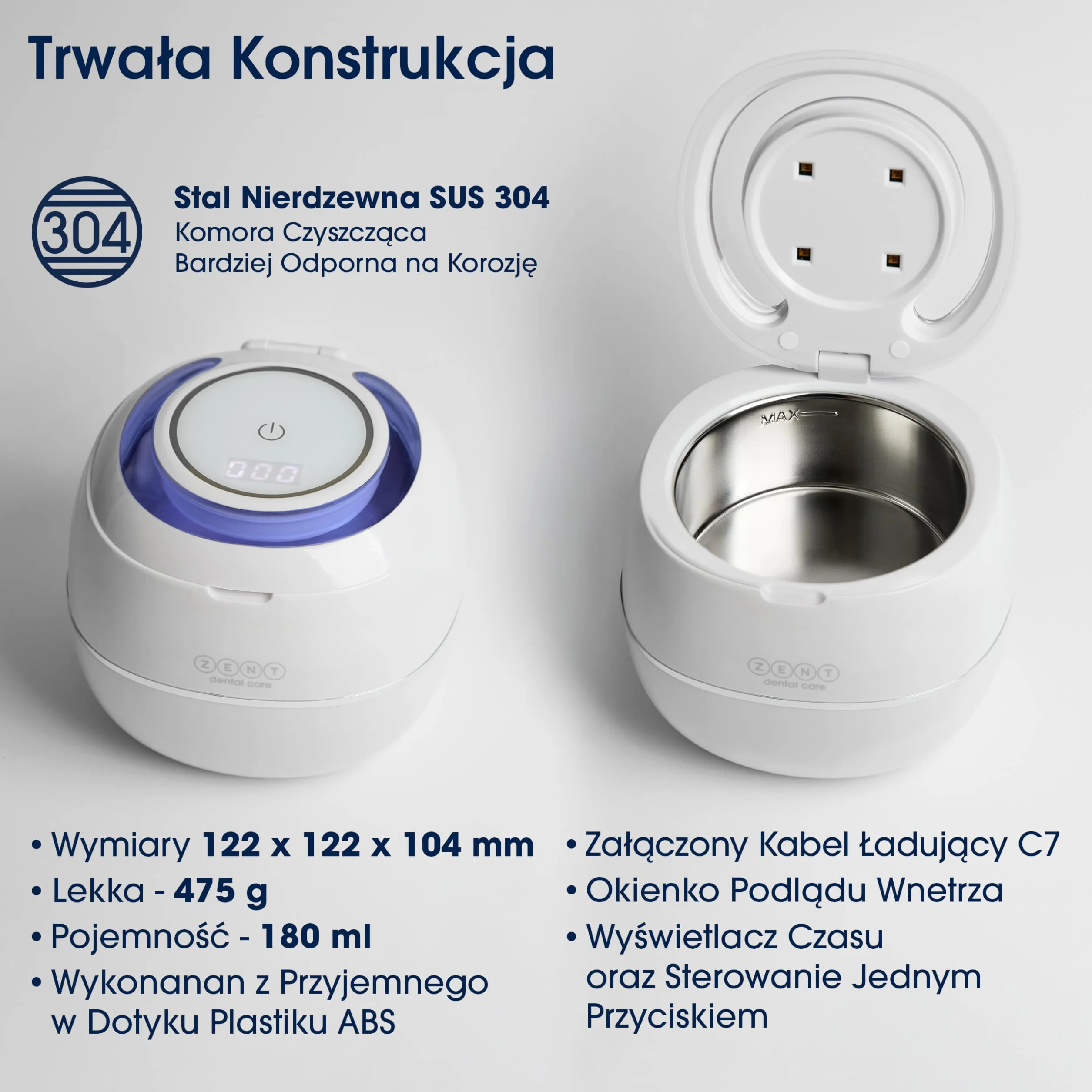 ZENT Ultrasonic Cleaner 42 kHz Kompaktowa Myjka Ultradźwiękowa, Dezynfekcja lampą UV, do Protez stomatologicznych biżuterii nakładek ortodontycznych, Szybkie czyszczenie - tylko 5 minut, 0.2l, Biała