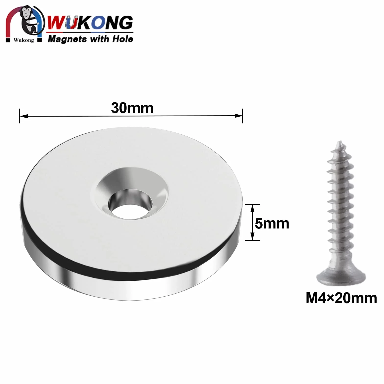 Magnesy neodymowe garnkowe 30 x 5 mm z otworem M5, 4 sztuki
