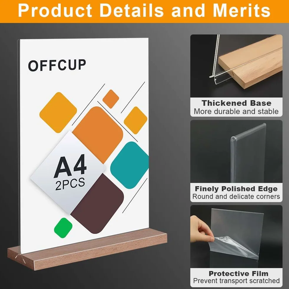 OFFCUP Akrylowy uchwyt na znak A4, 2 szt. uchwyt na menu plakatu, stojak ekspozycyjny w kształcie litery T, drewniana podstawa, dwustronne stojaki ekspozycyjne do restauracji, hotelu, promocji, zdjęć