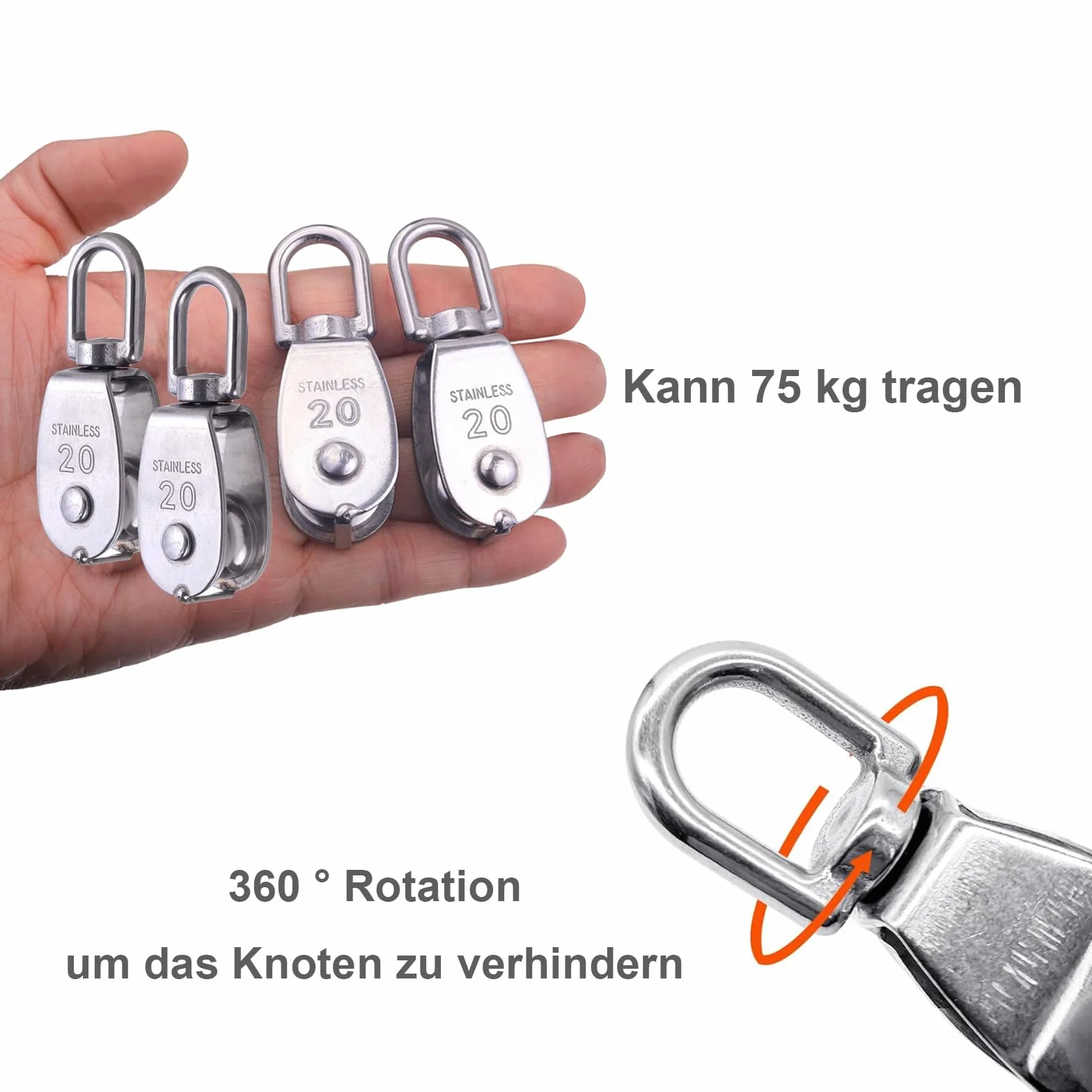 2 sztuki rolek zwrotnych do lin, stal nierdzewna 304, koło linowe do fitnessu, nośność 75 kg, koło pasowe M20, rolki linowe, ściągacz kół pasowych, do lin podnośników linowych, statków, jachtów, 2 szt