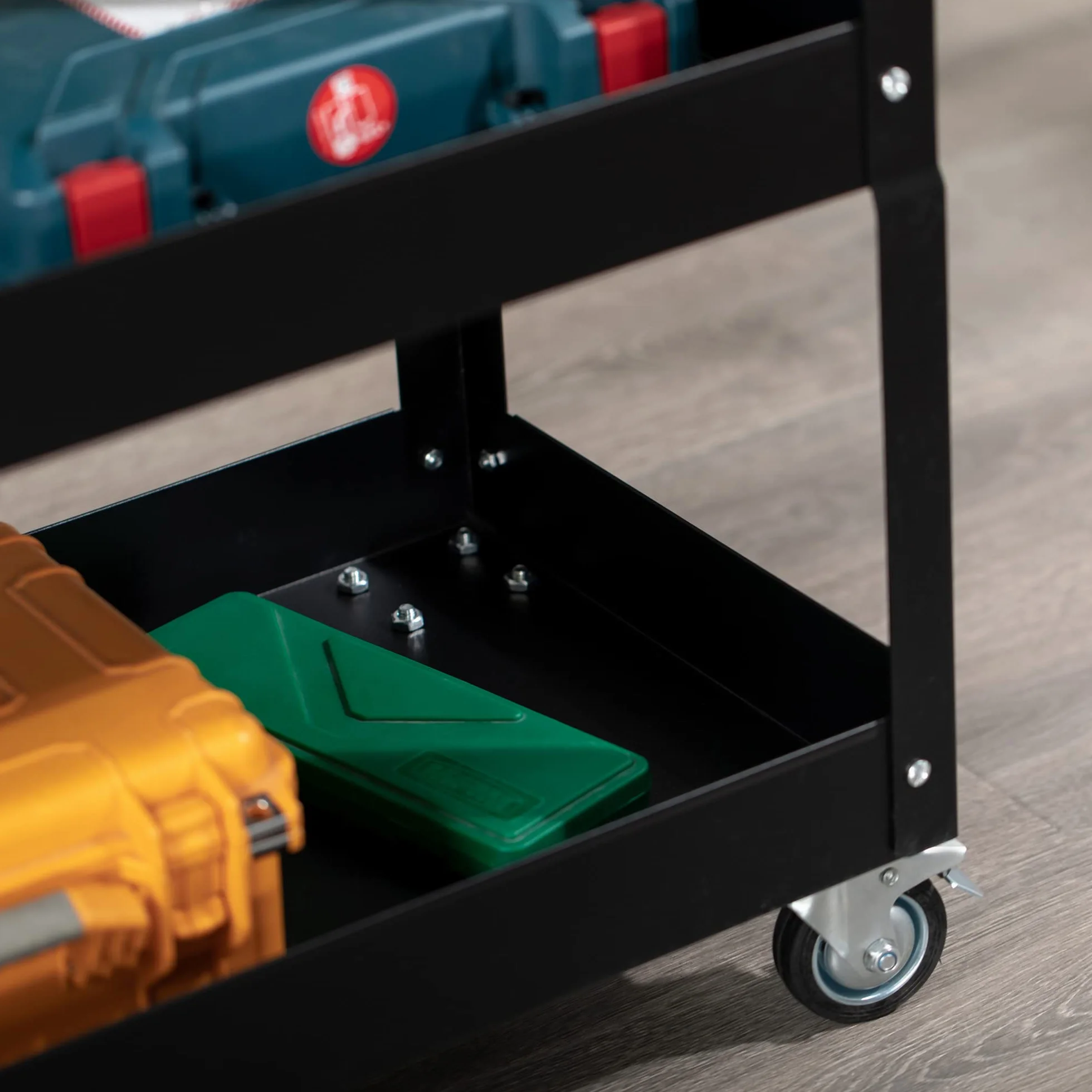 DURHAND Wózek warsztatowy z 3 poziomami, wózek narzędziowy, pusty wózek transportowy z bocznym uchwytem, 4 kółka, nośność do 150 kg, stal, 83 x 35,3 x 76 cm, czarny