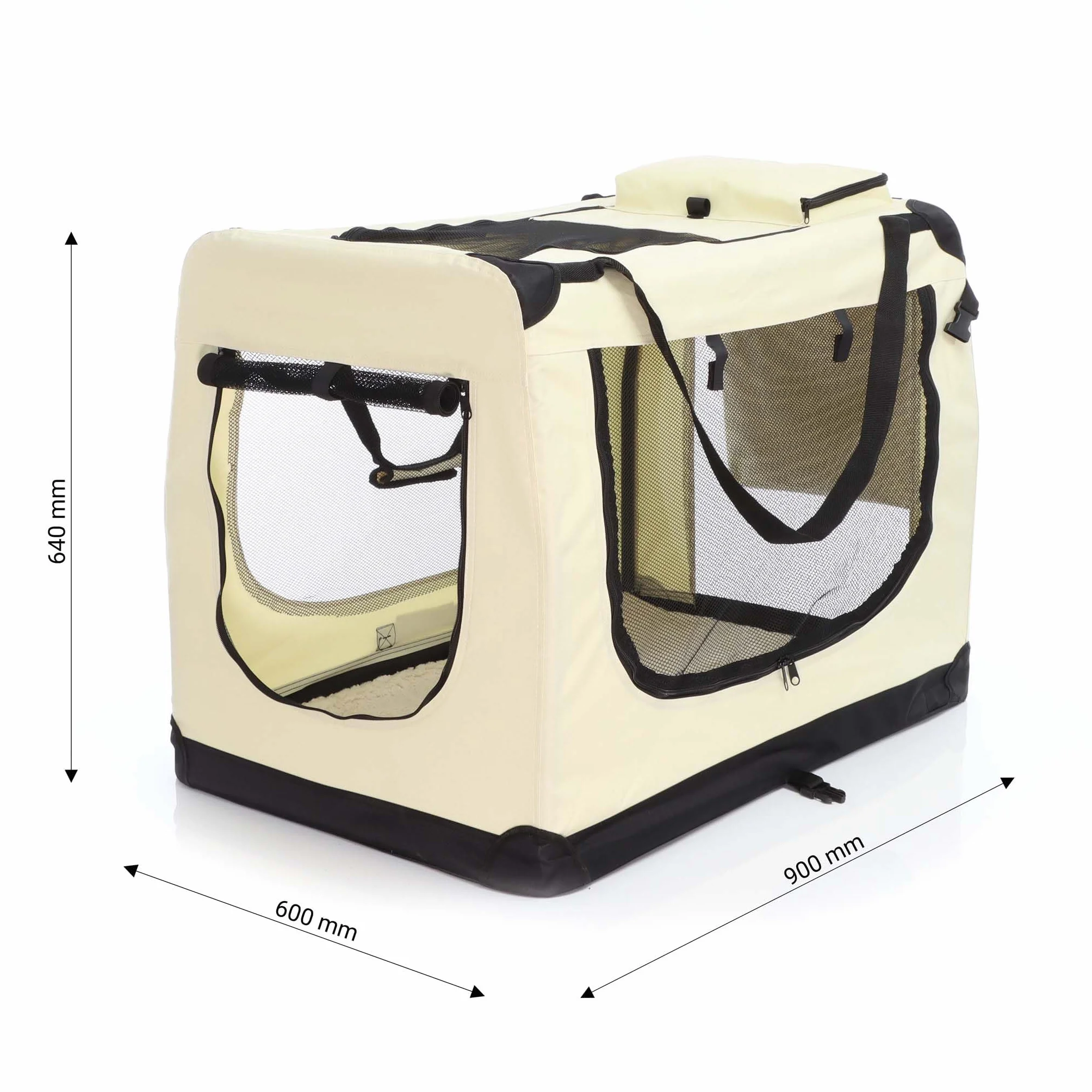 Fudajo Składany transporter dla psa i kota XXL (90x60x64 cm) beżowy, klatka transportowa z poduszką, lekka torba do samochodu dla zwierząt do max. 25 kg